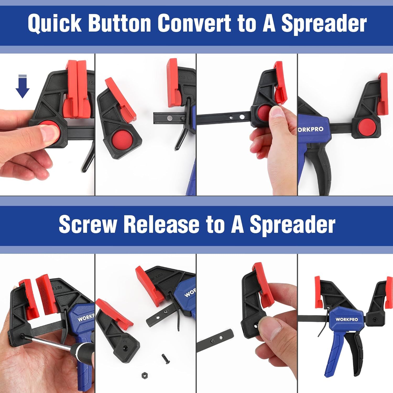 Bar clamp to spreader conversion mechanism with blue handle and black body