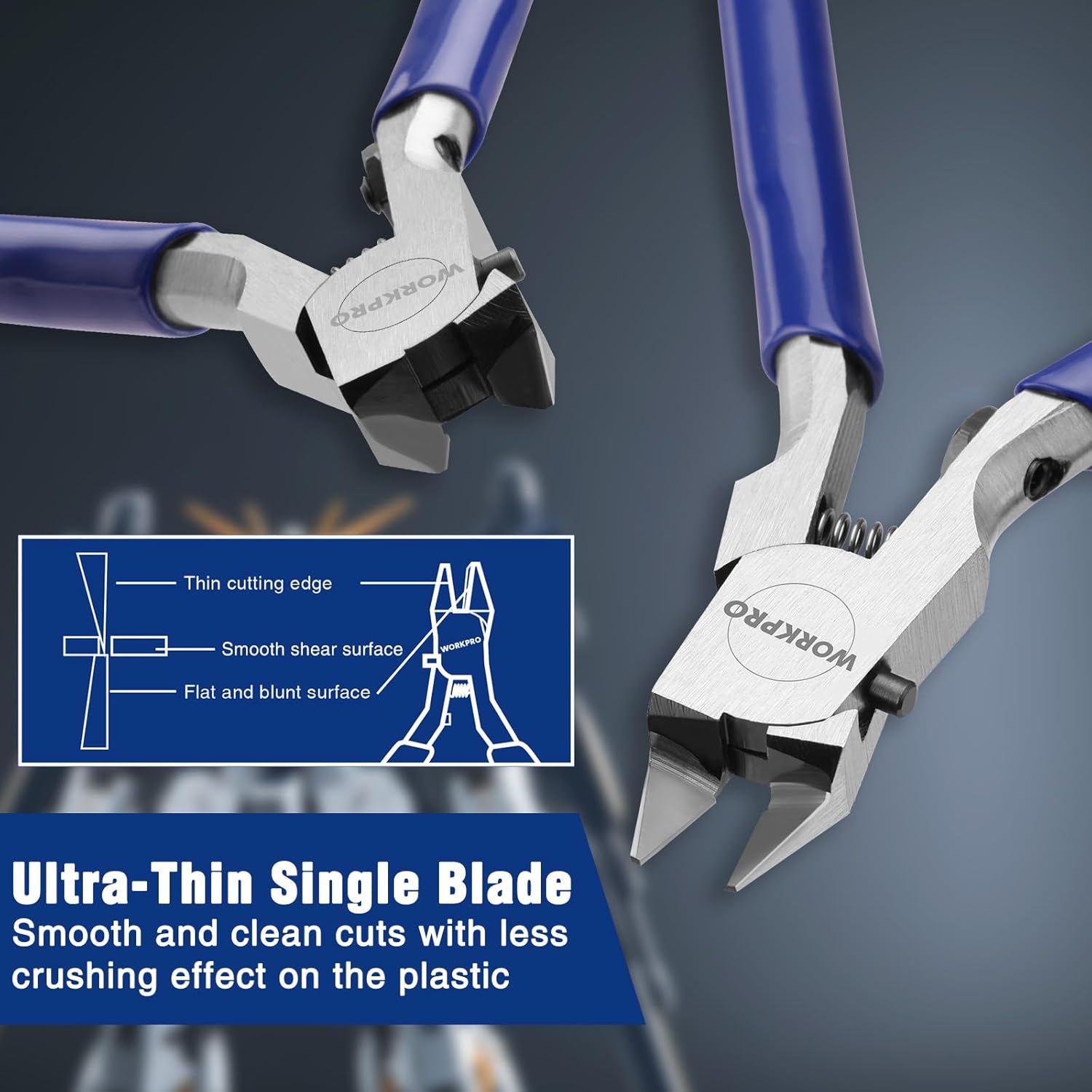 WORKPRO single-blade sprue nippers, close-up of metal jaws and blue grips