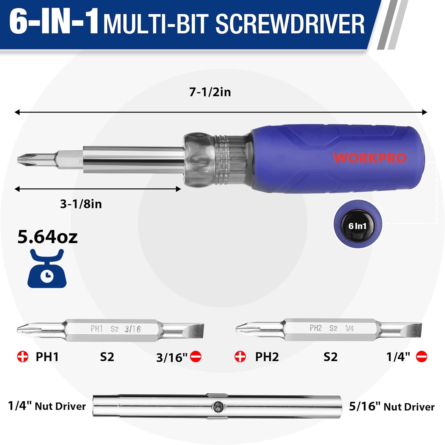 WORKPRO 6-in-1 multi-bit screwdriver with blue comfort grip and bit/nut-driver tips