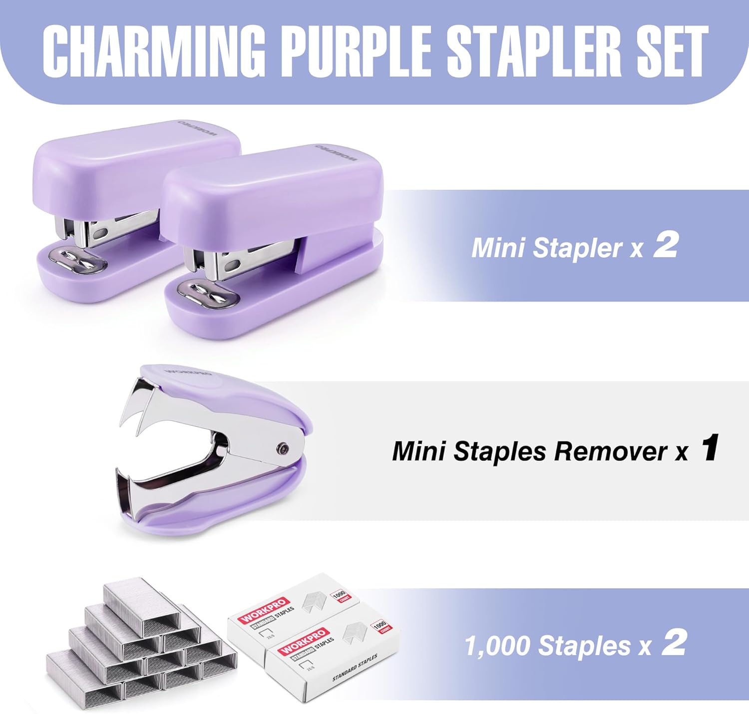 Purple mini stapler set: two compact staplers, staple remover tool, and metal staples