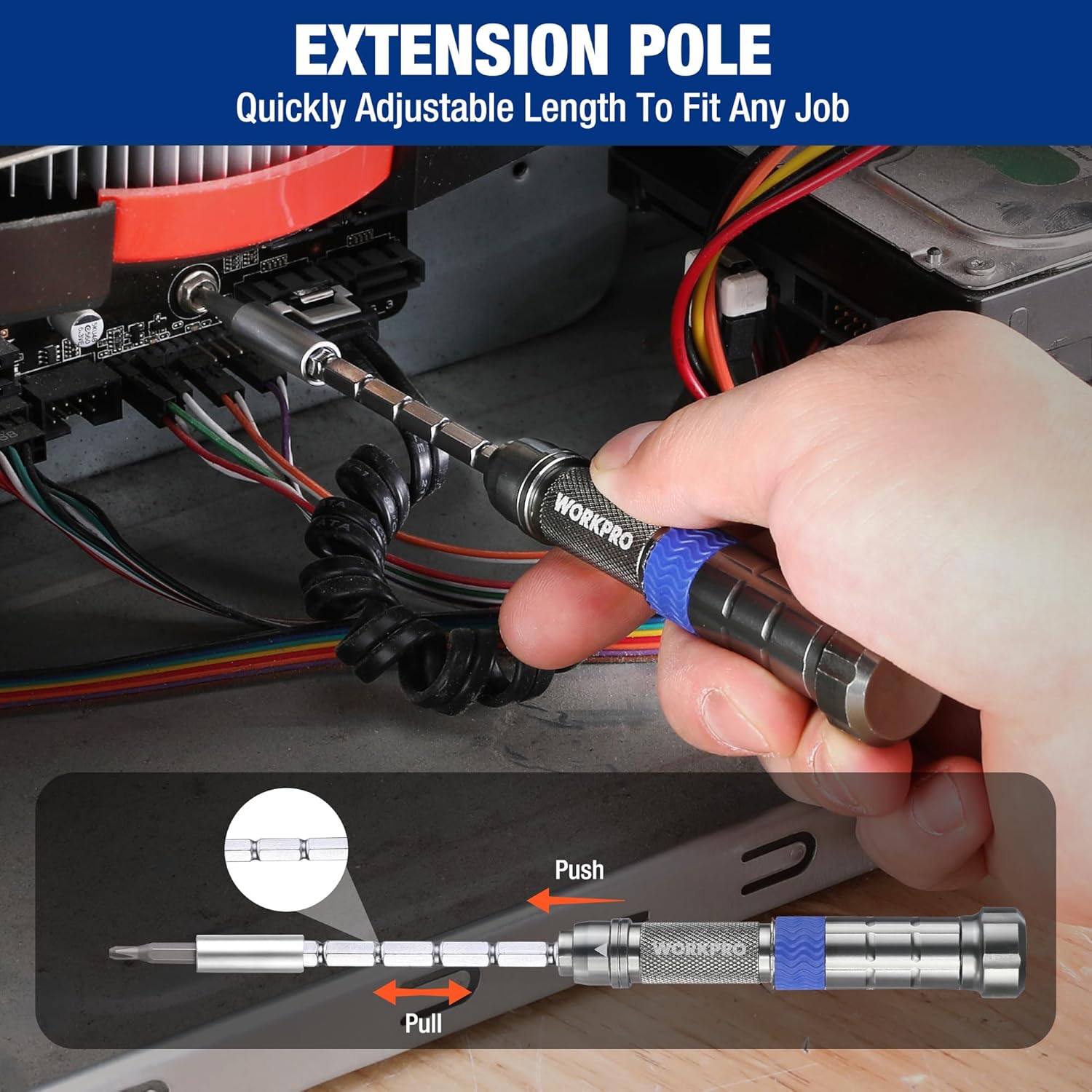 Extendable screwdriver with blue grip ring, using adjustable pole to reach tight spaces