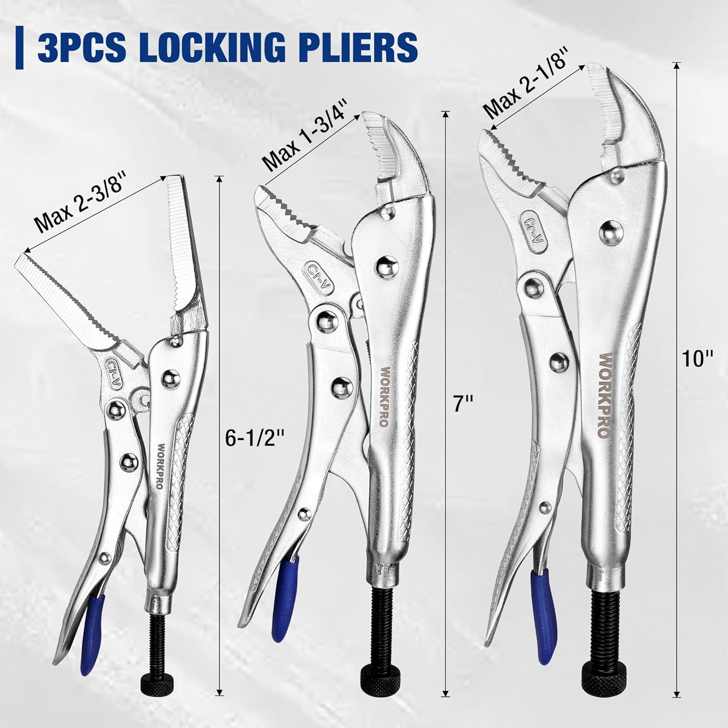 3-piece locking pliers set: curved jaw grips and long nose vice grips with blue handles
