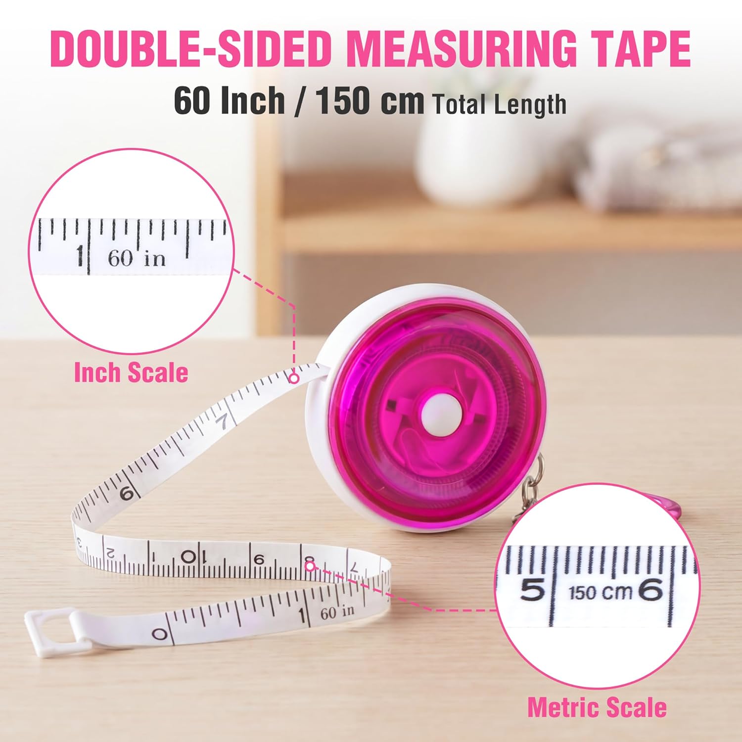 Pink retractable tape measure with dual-sided inches and metric scales, 60 in/150 cm