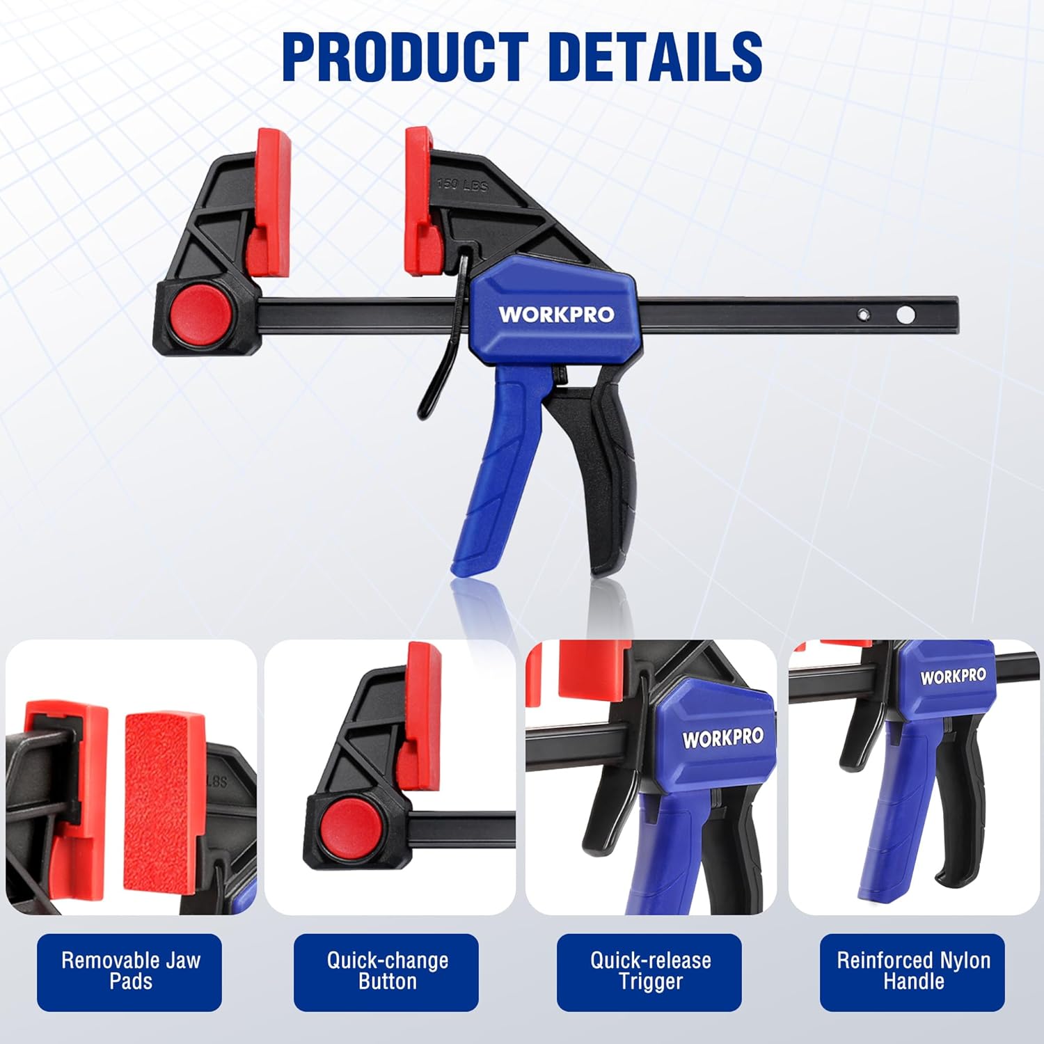 6-inch bar clamp with red fixed pads, black frame, blue label trigger, and release lever