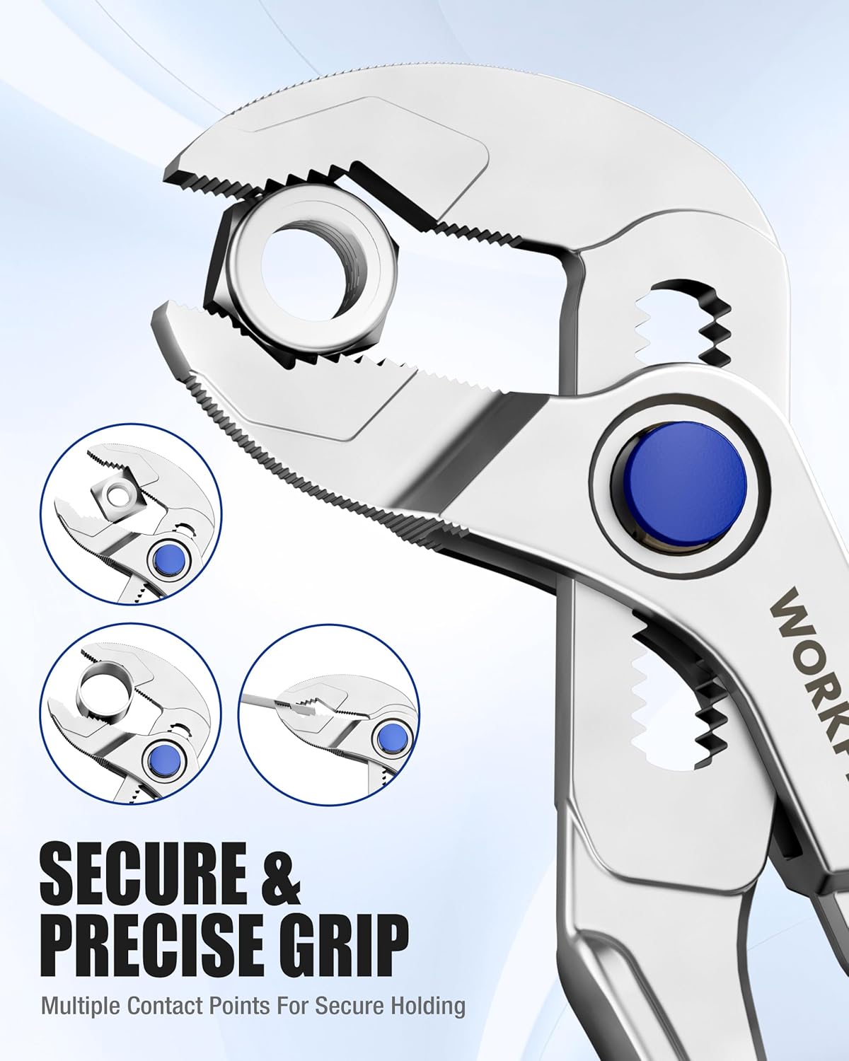 Pocket mini pliers set with blue adjustment knob and textured jaws, shown close-up