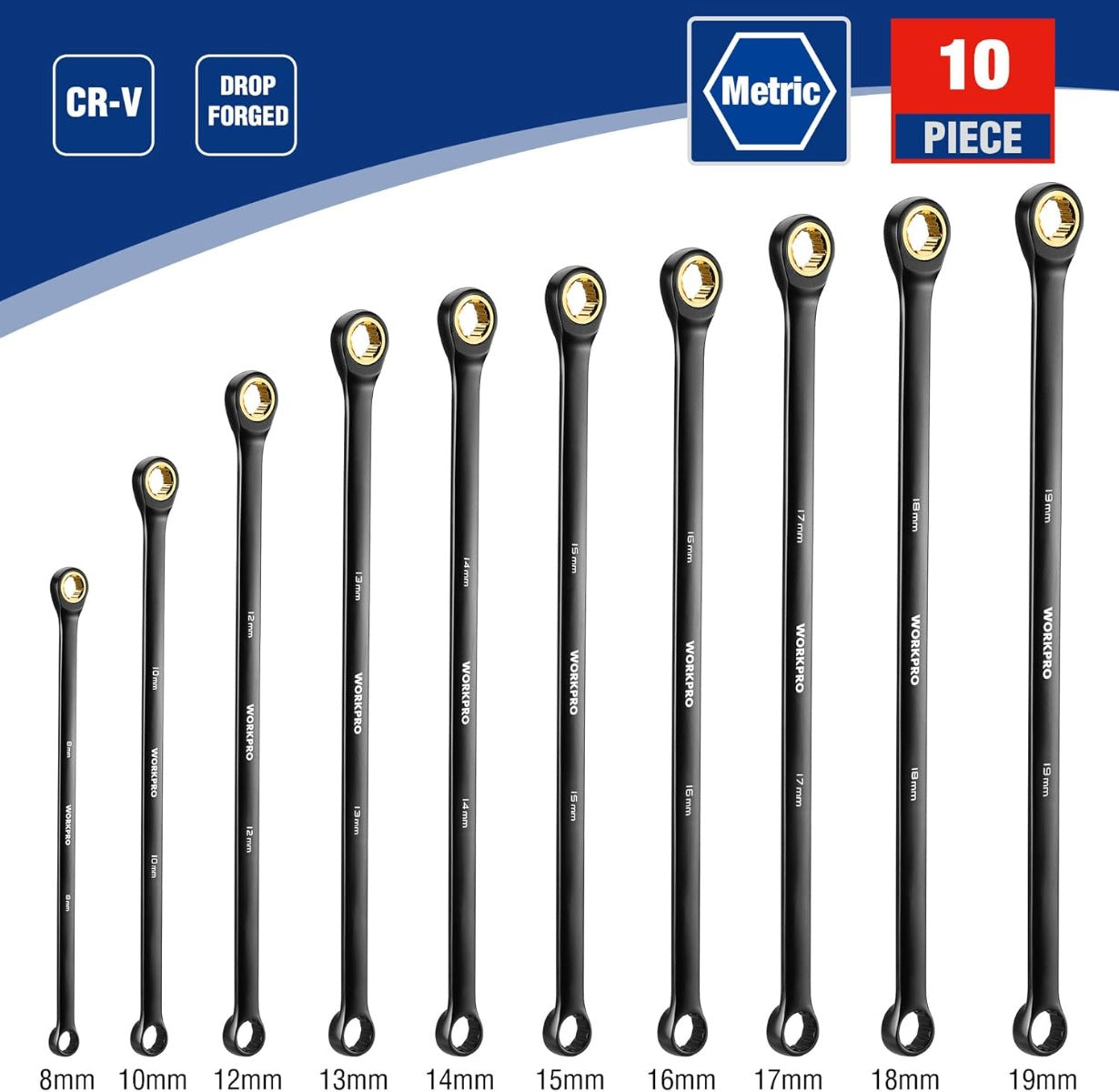 Metric extra-long ratcheting box-end wrench set, 8–19 mm, 10 wrenches