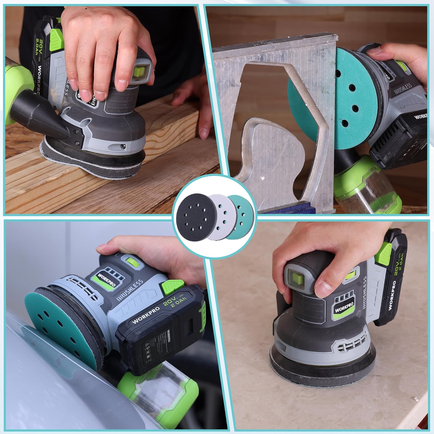 Orbital sander using hook-and-loop sanding pads for detailed sanding on edges and surfaces