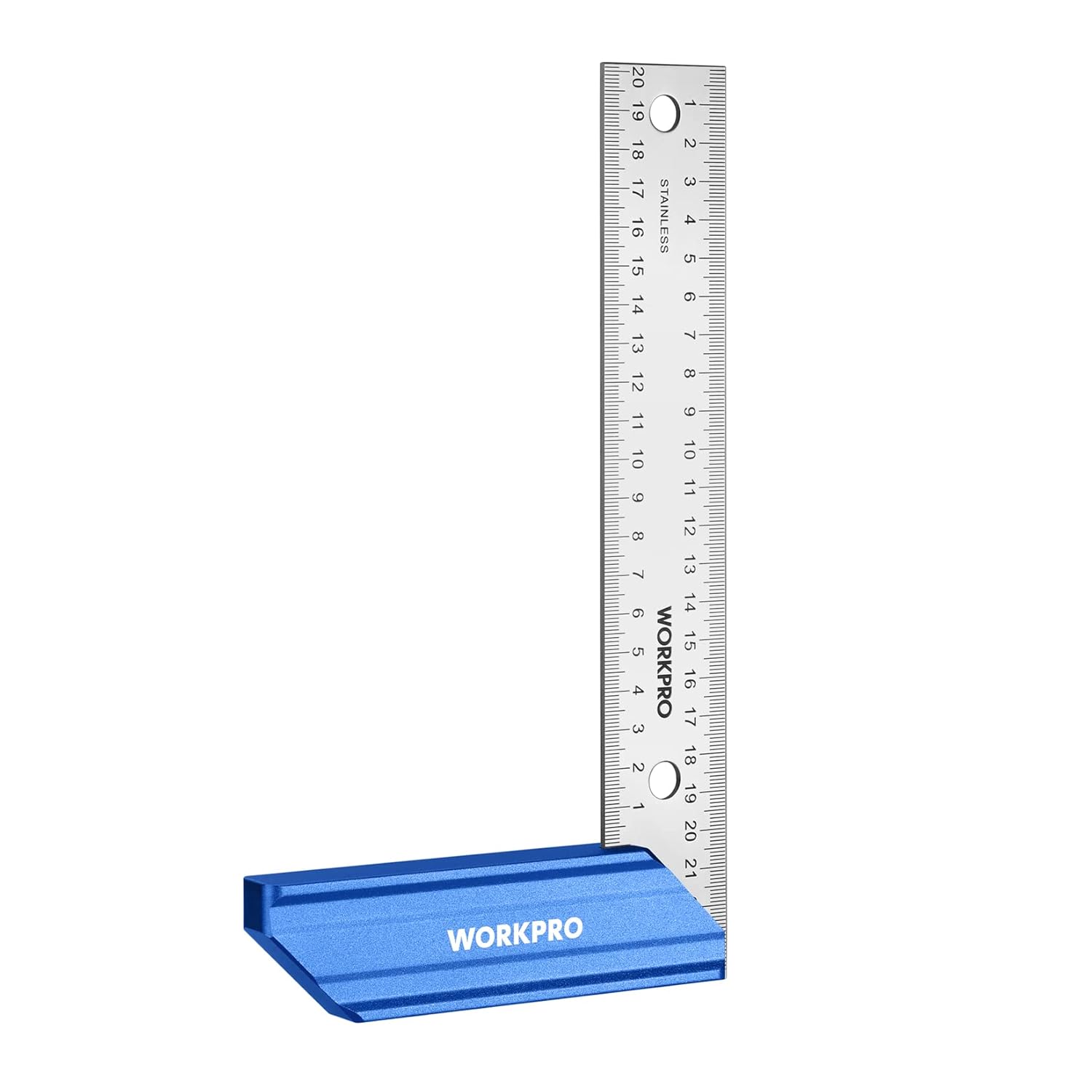 L-shaped try square with blue base and silver measurement blade with fine graduations
