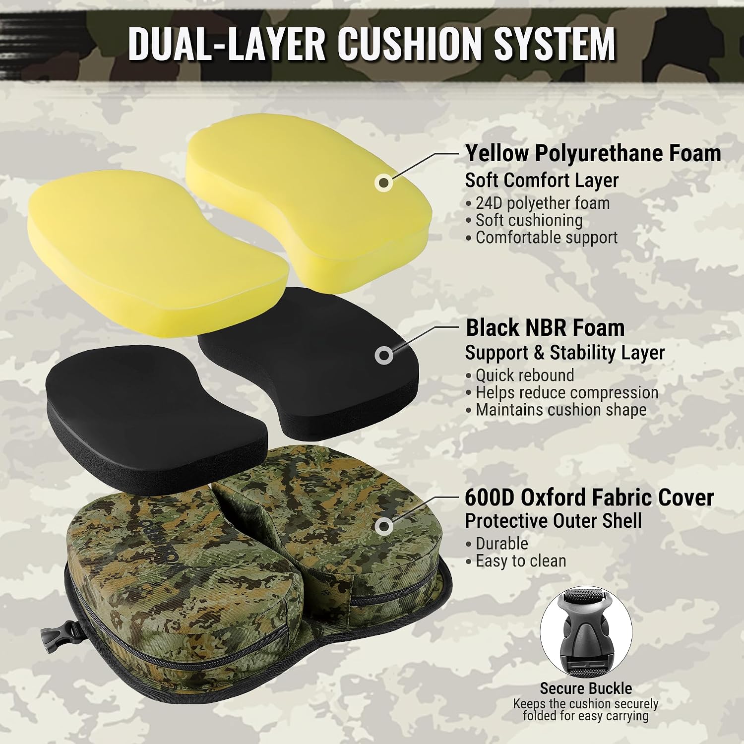 WORKPRO hunting seat cushion in camo fabric with secure buckle for folding and easy carrying outdoors