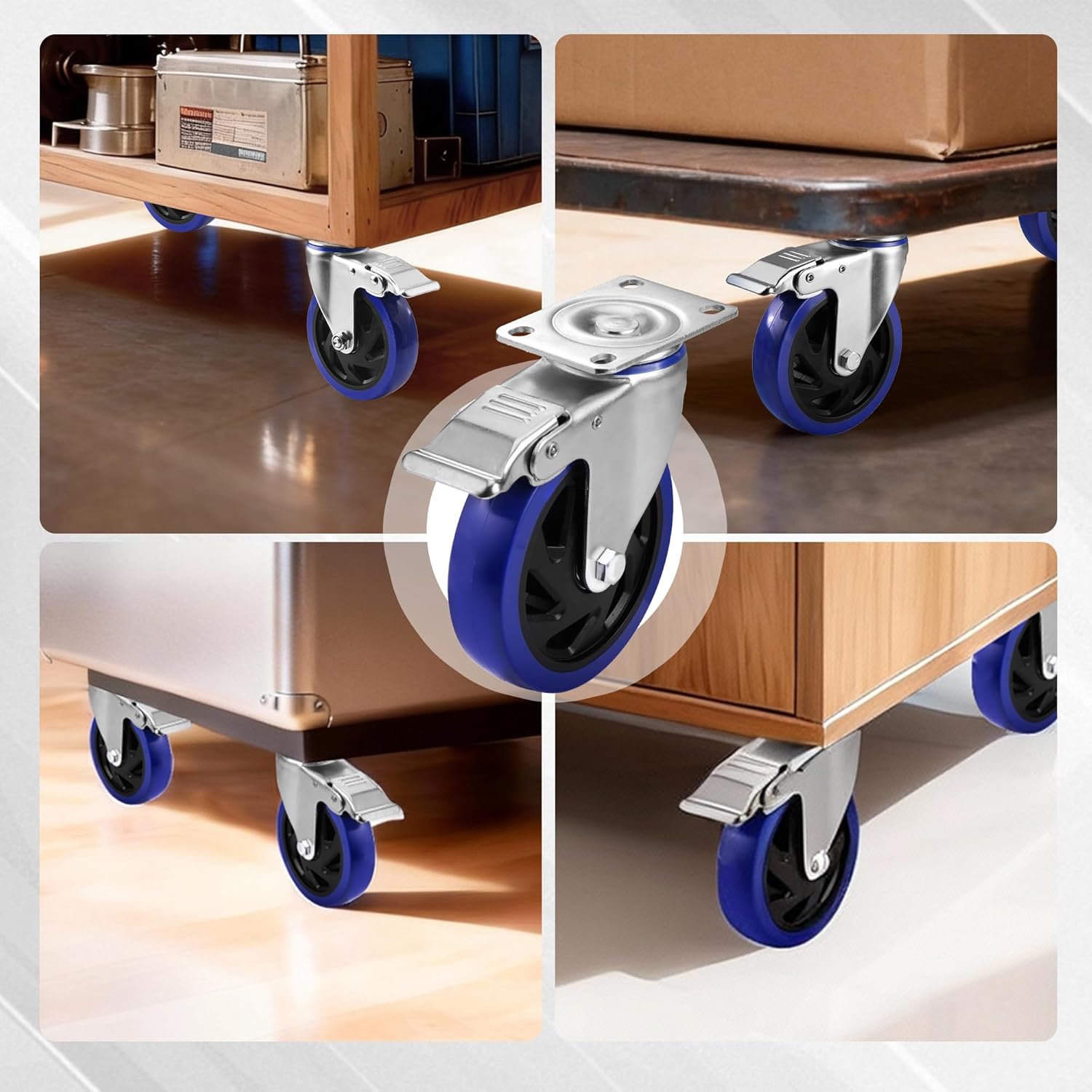 Set of swivel casters with blue wheels and brakes mounted on furniture
