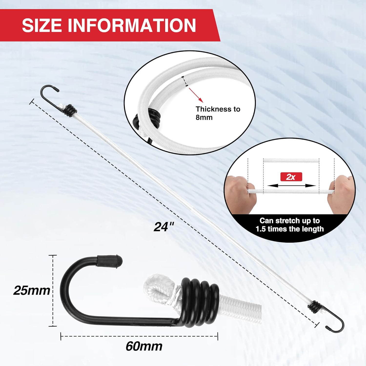 24-inch white bungee cord with black metal hooks and elastic spring section