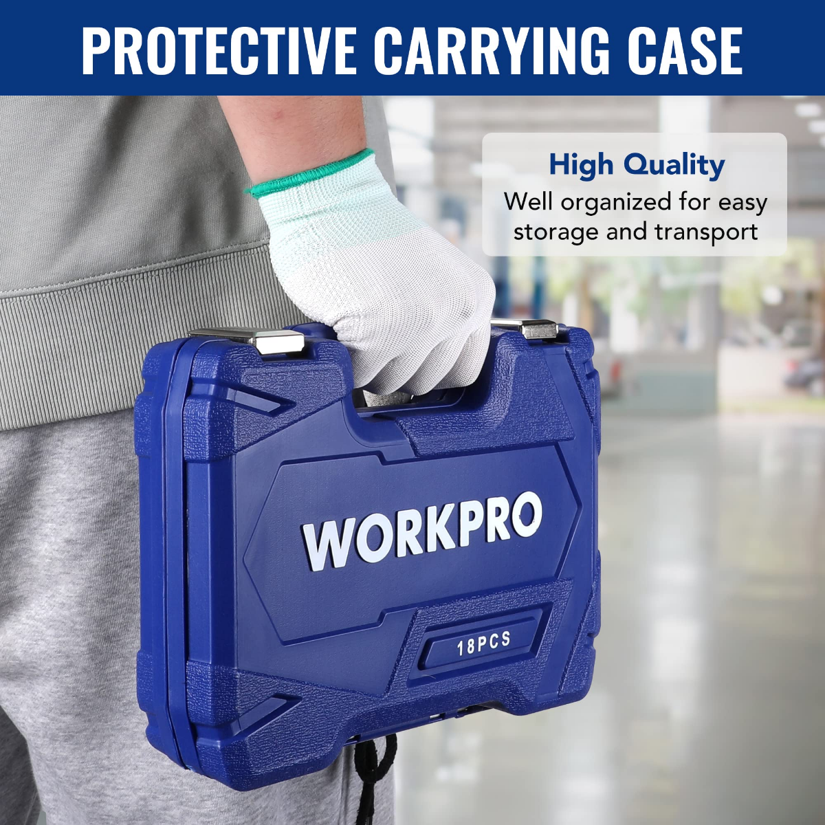 Protective blue carrying case for WORKPRO 18PCS drive tool accessory set