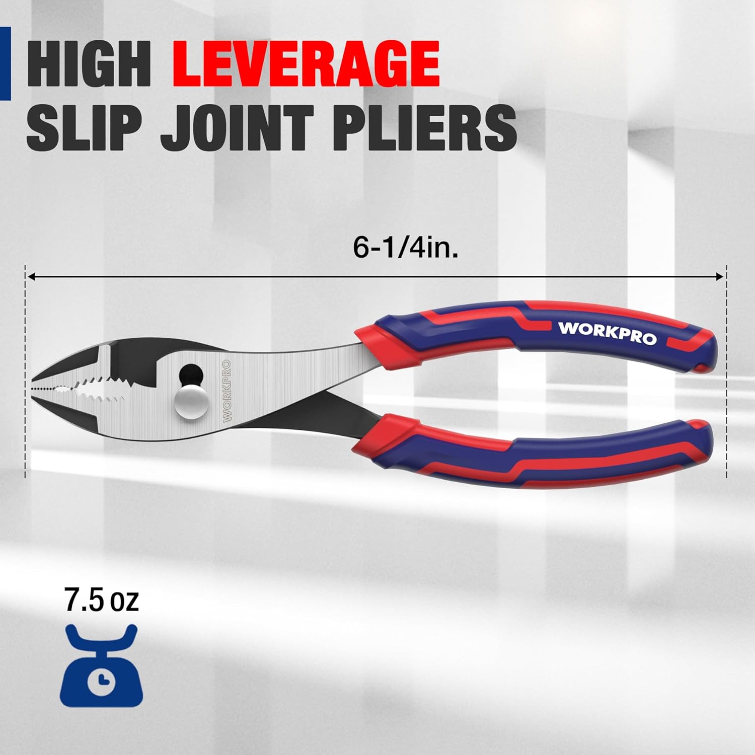 WORKPRO slip joint pliers with long silver jaws and red-and-blue insulated handles