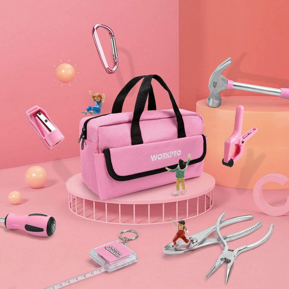 WORKPRO Kid Tools Kit 23 Pcs Pink tool kit with bag, innovation and secure durable quality for kids DIY