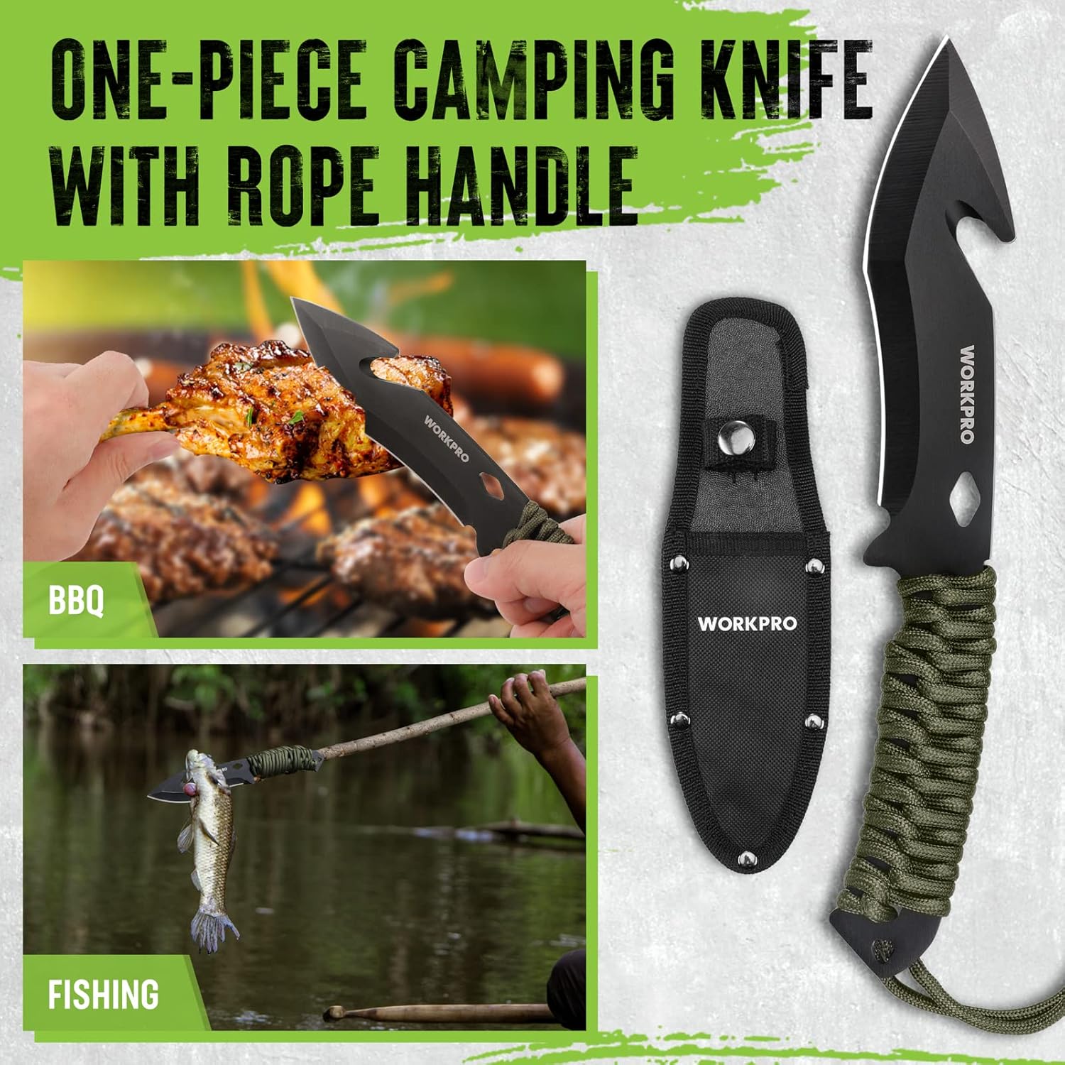 Camping knife with rope-wrapped handle and black sheath