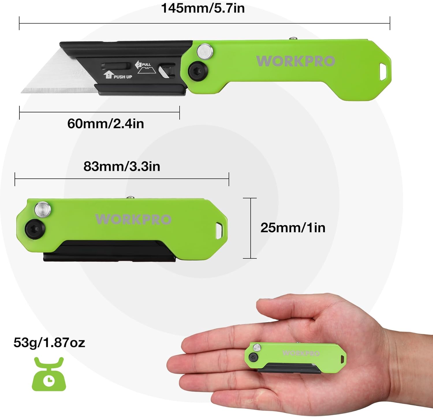 Green and black folding utility box cutter knife with compact mini size markings