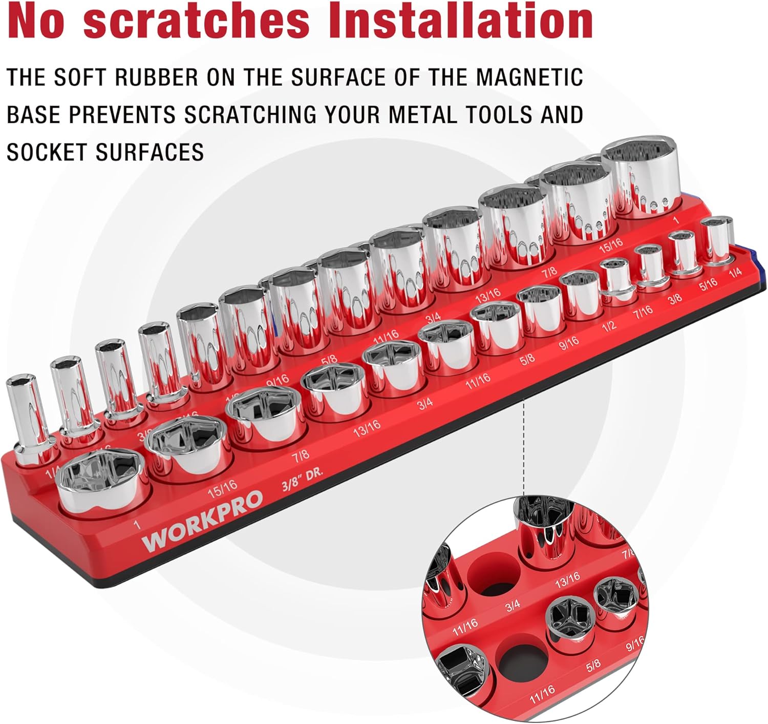 Red magnetic socket organizer base with chrome sockets; soft rubber surface protection