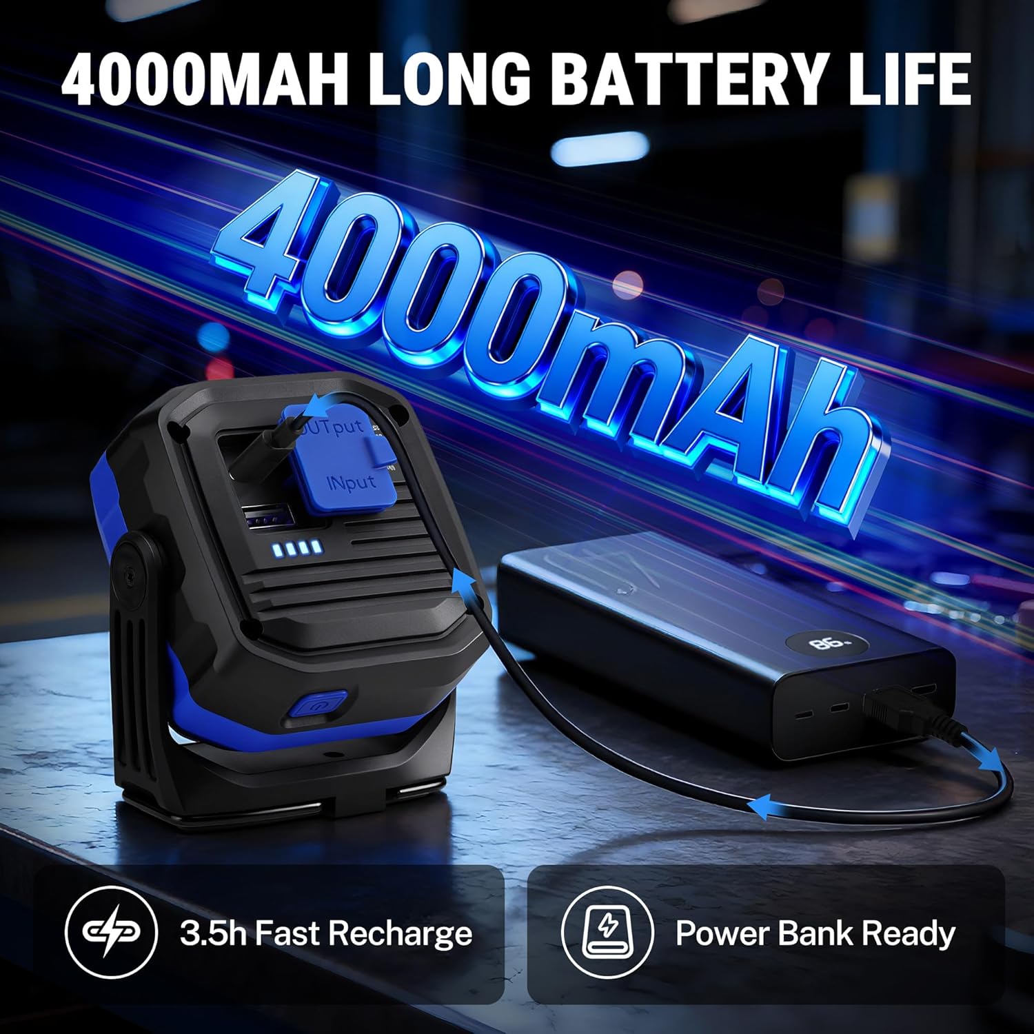 WORKPRO rechargeable LED work light, blue and black with battery pack cable connection
