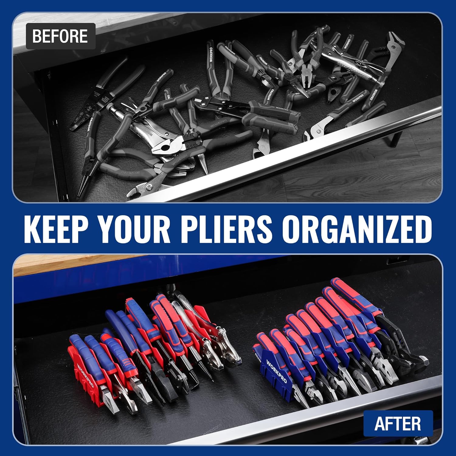 WORKPRO plier organizer rack system with pliers arranged in slots