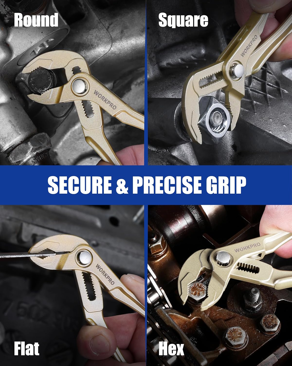 WORKPRO mini water pump plier demonstrating different jaw shapes, champagne