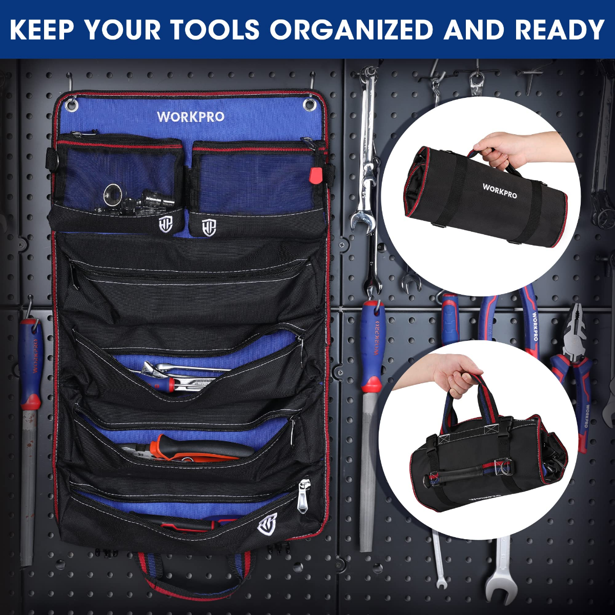 Pegboard tool organizer with blue pockets, red piping, and hanging loops on the back