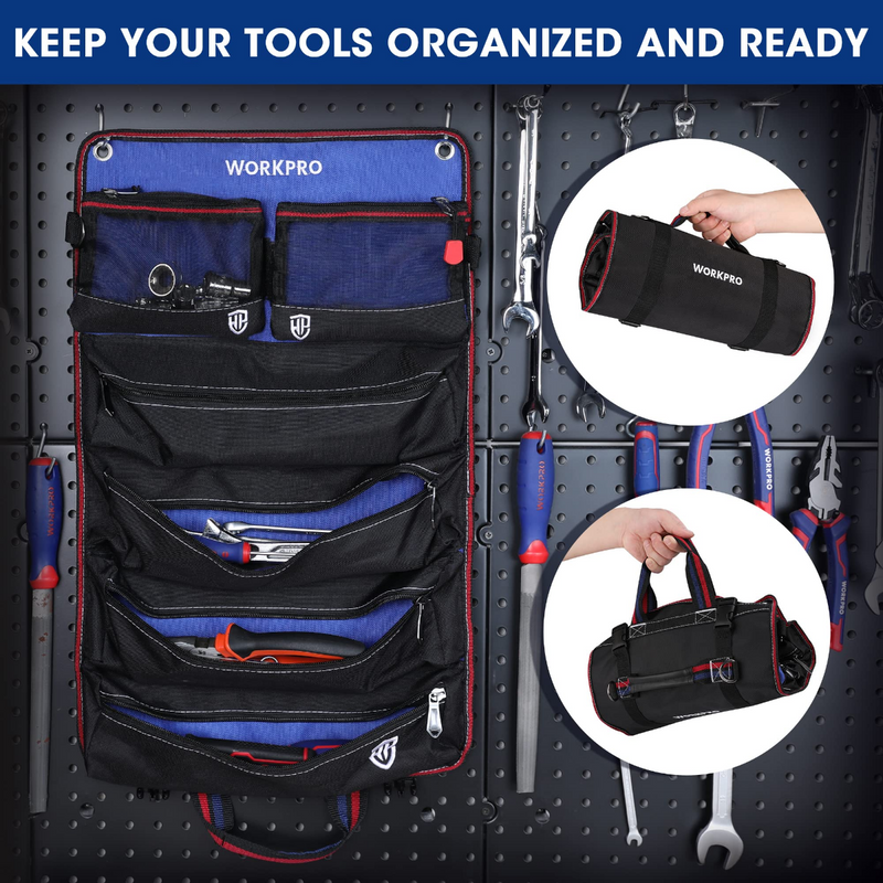 WORKPRO Heavy Duty Tool Roll Up Bag Organizer with 6 Pockets and Detac