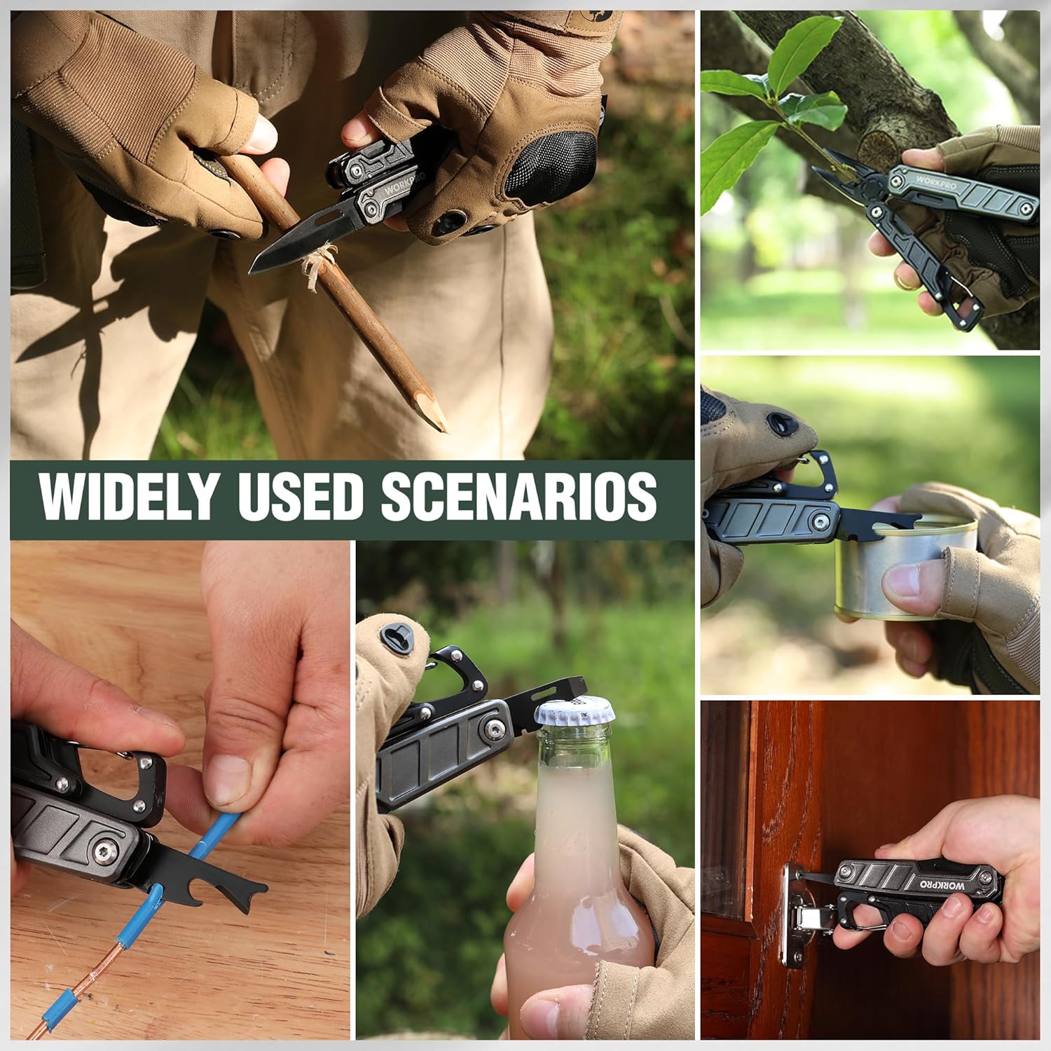 WORKPRO multitool pliers in outdoor use, with knife blade and screwdriver tip