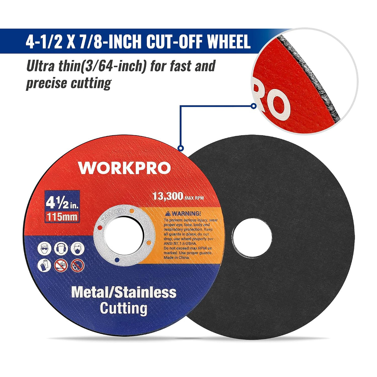 Workpro 50 pack 4-1/2 inch cut off wheels in red and black with 3/64 inch thickness for cutting stainless steel and iron