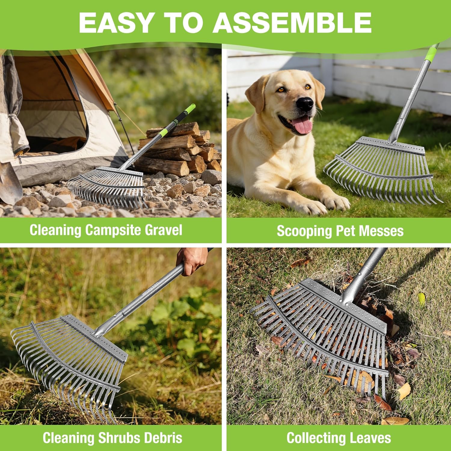 Leaf rake for yard and shrubs, long handle with slotted metal collecting head