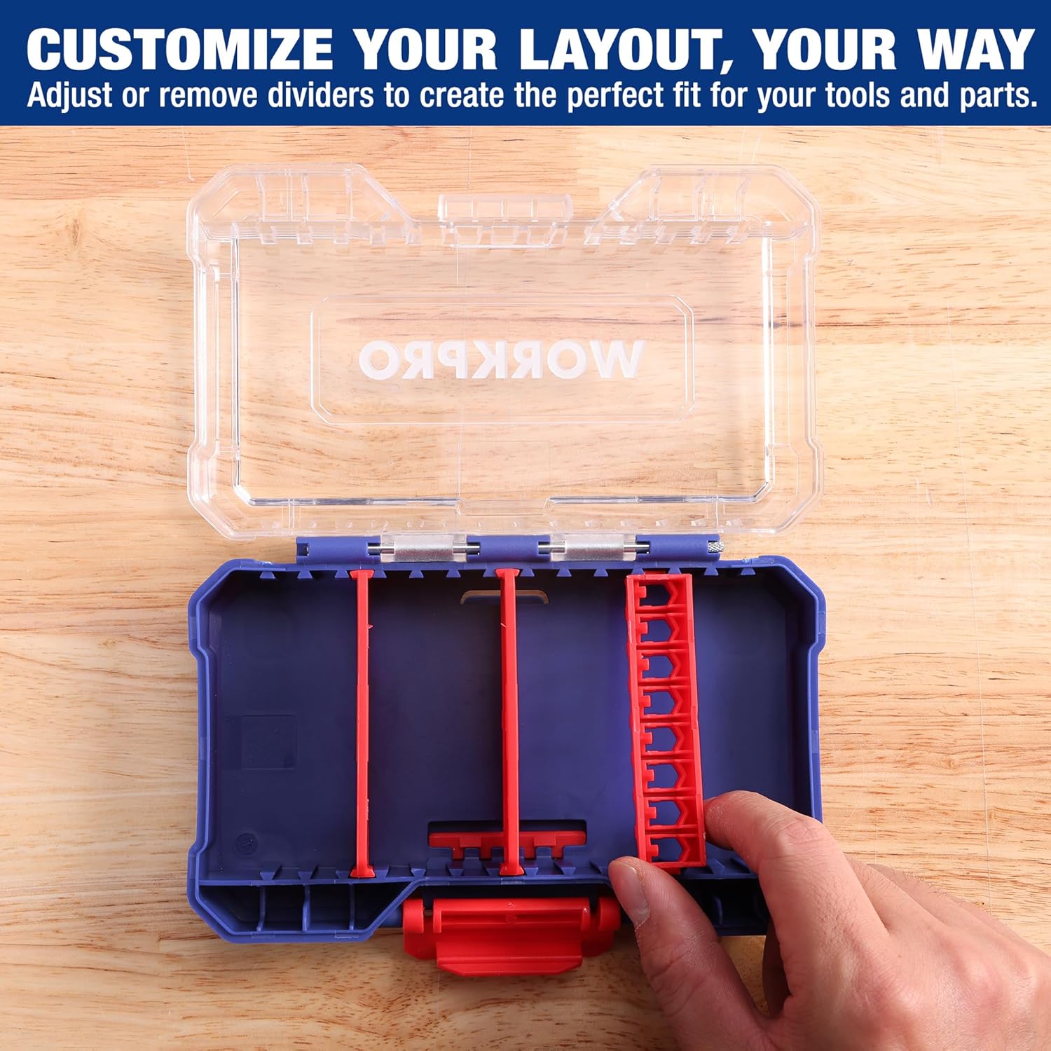 Open small parts organizer case with adjustable red dividers and clear base tray