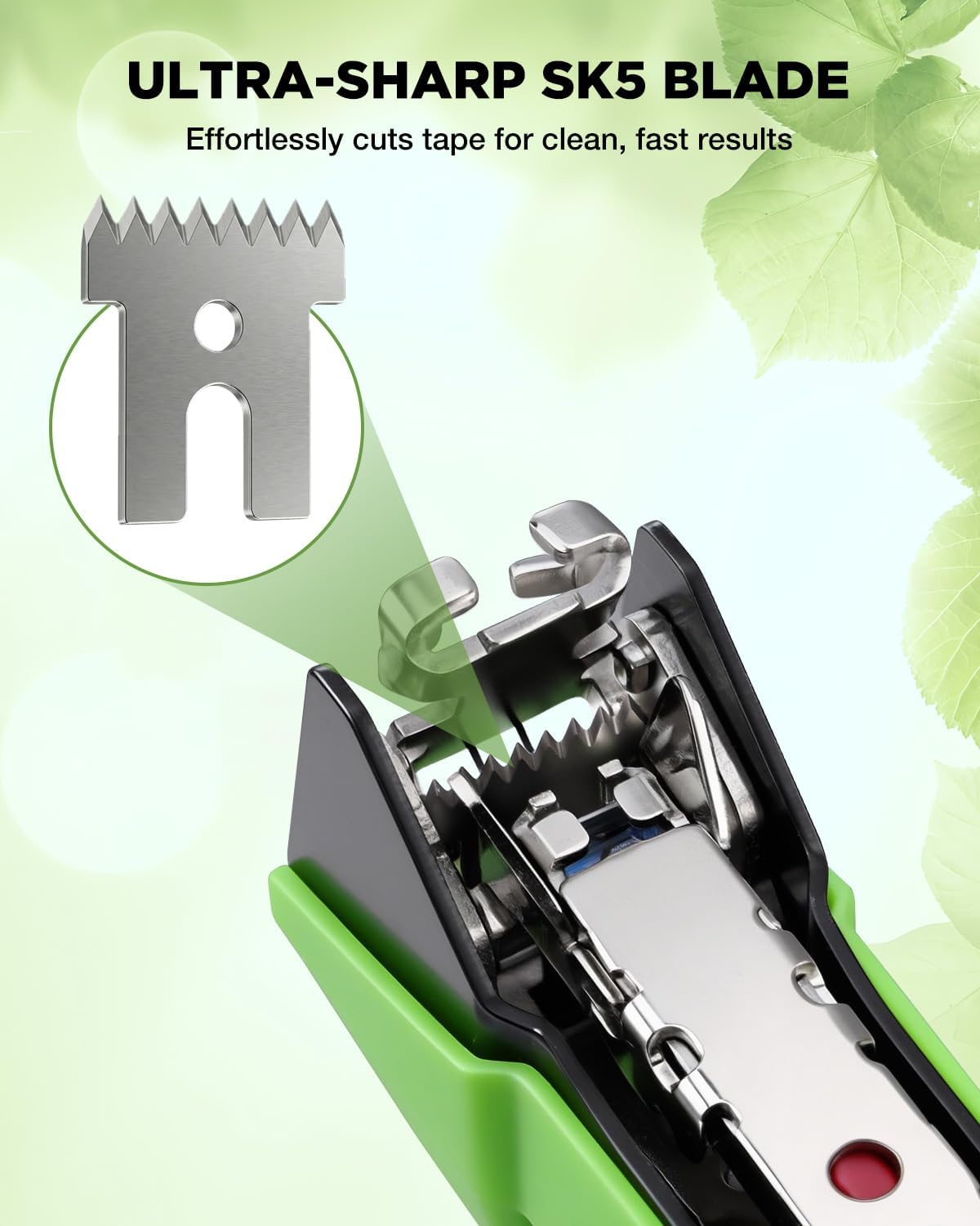 Plant tying tape gun showing open SK5 blade area with cutting teeth and internal parts