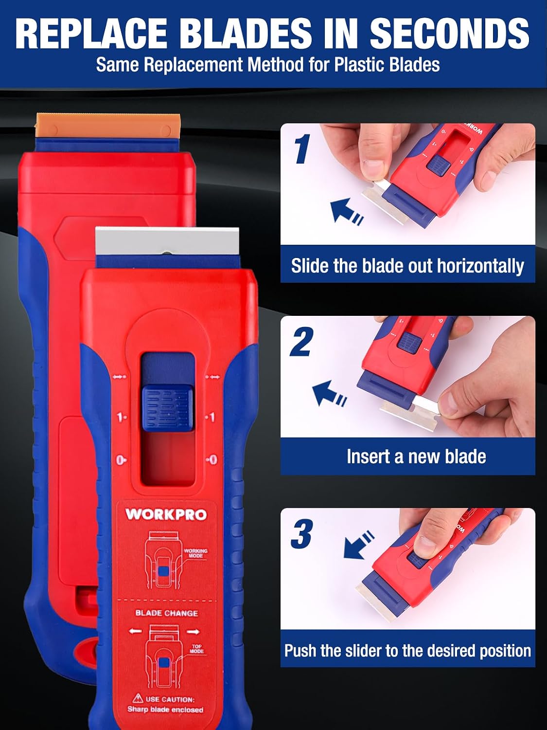 Retractable scraper with slide-in mechanism for replacing plastic blades, red and blue case