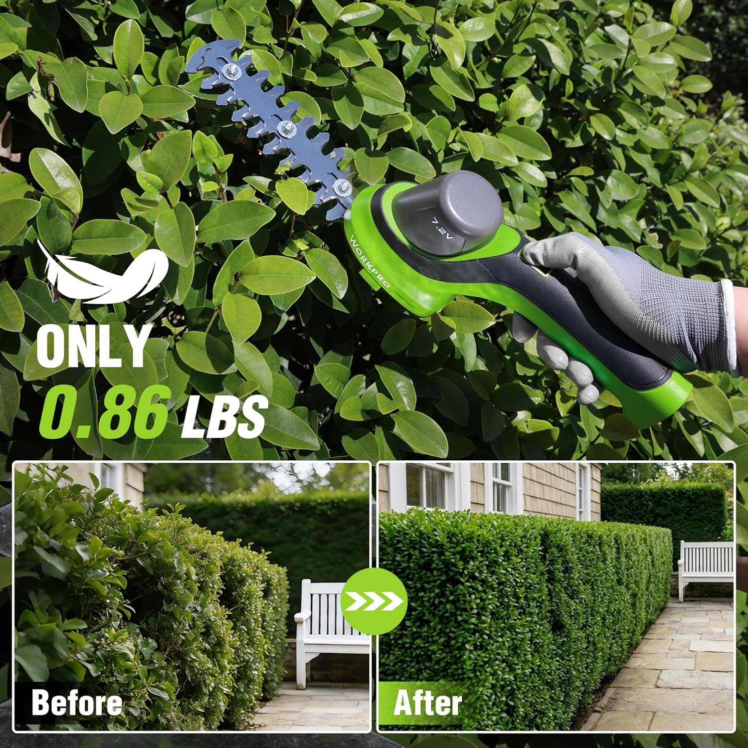 Cordless hedge trimmer cutting leaves with front blade guard