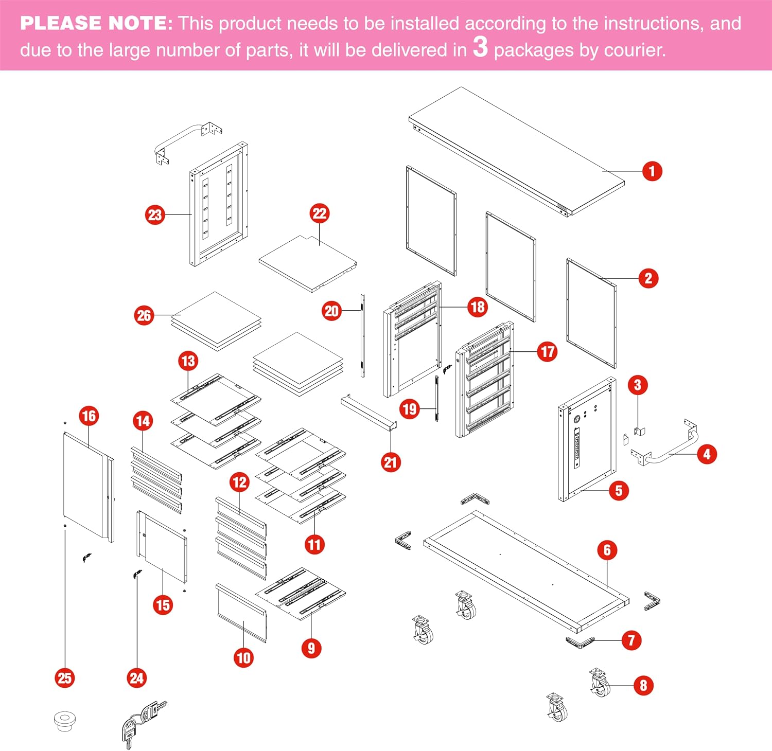 Pink tool chest exploded parts diagram with drawers, doors, and base components