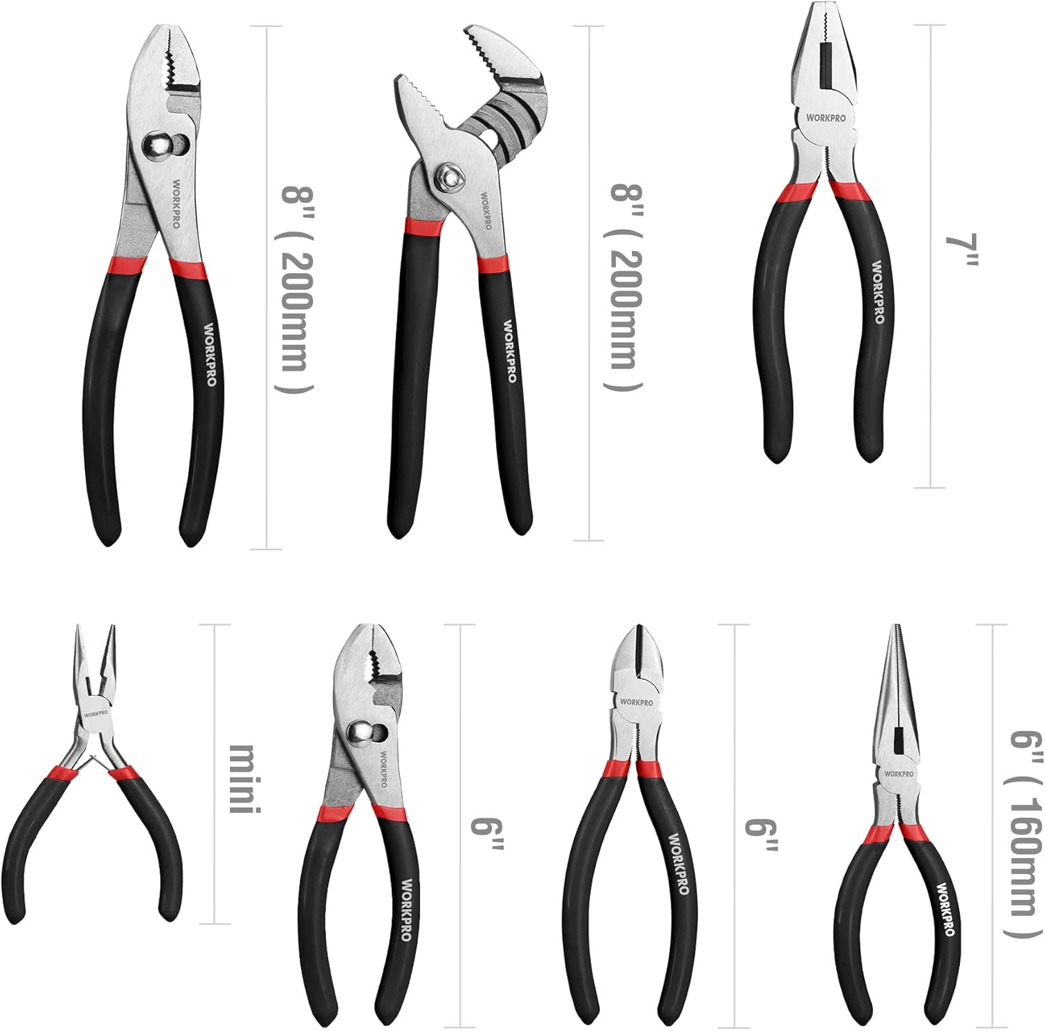 Pliers set with black handles and red grips, mixed nose and cutting styles