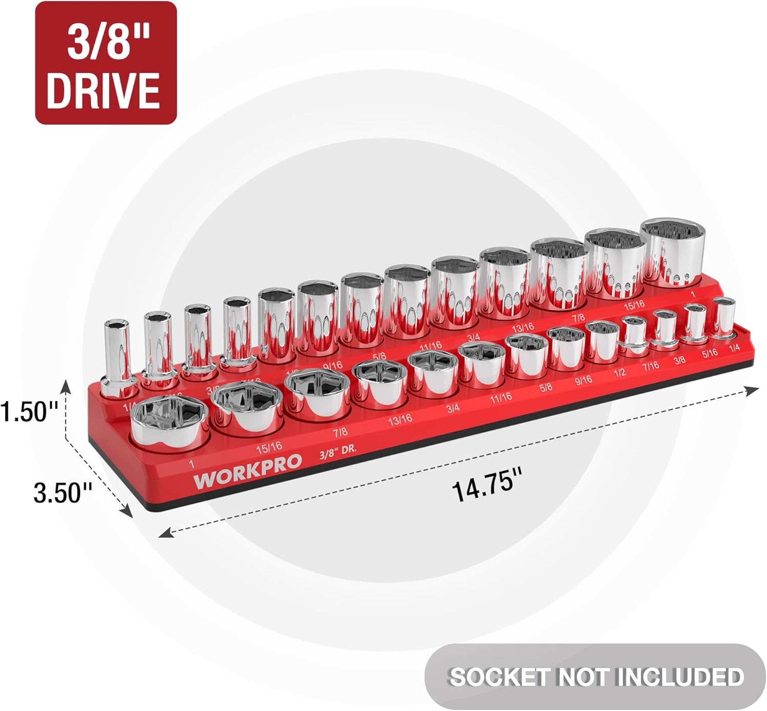 Red 3/8 drive magnetic socket organizer base holding chrome sockets, side view