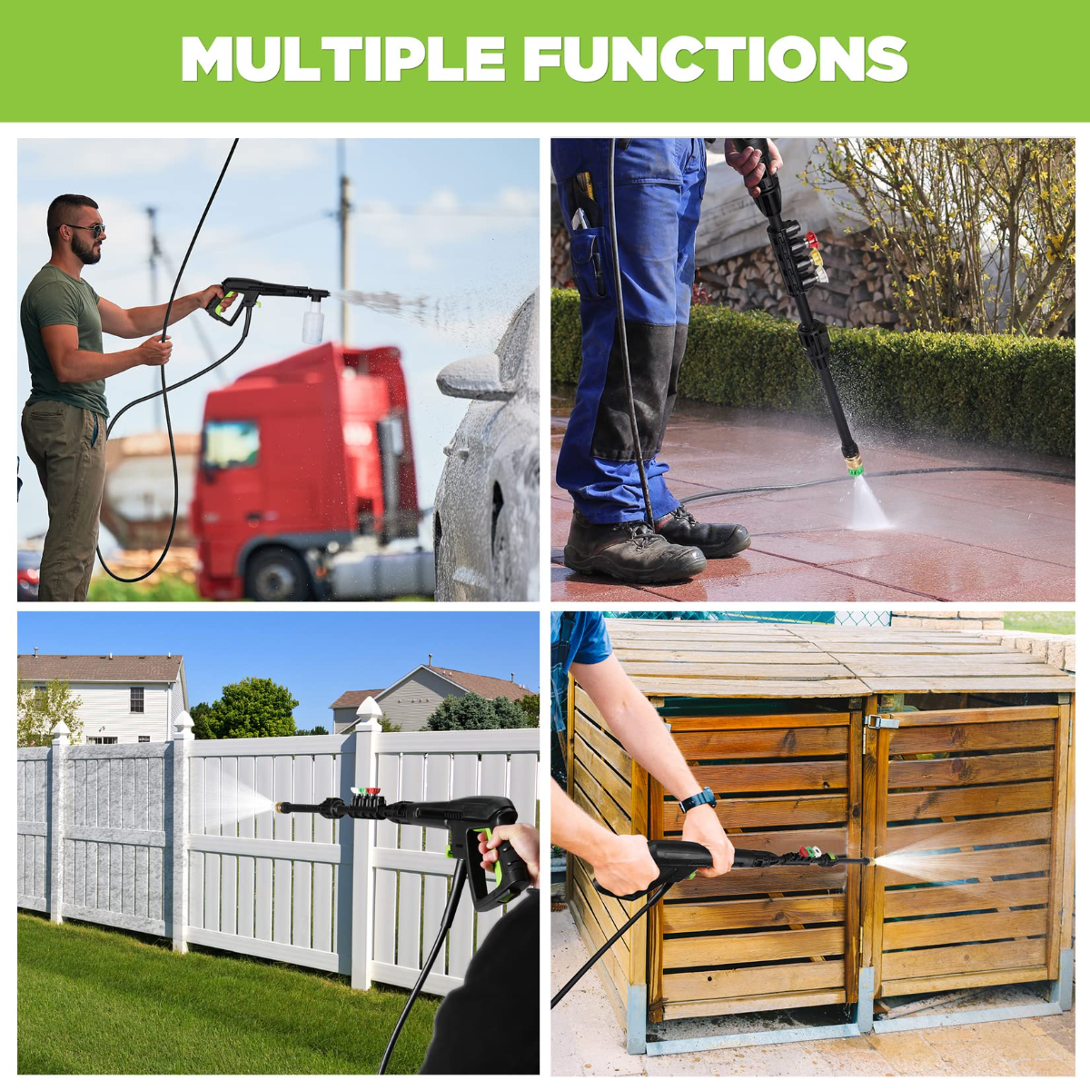 Compact electric pressure washer with spray wand spraying water on surfaces