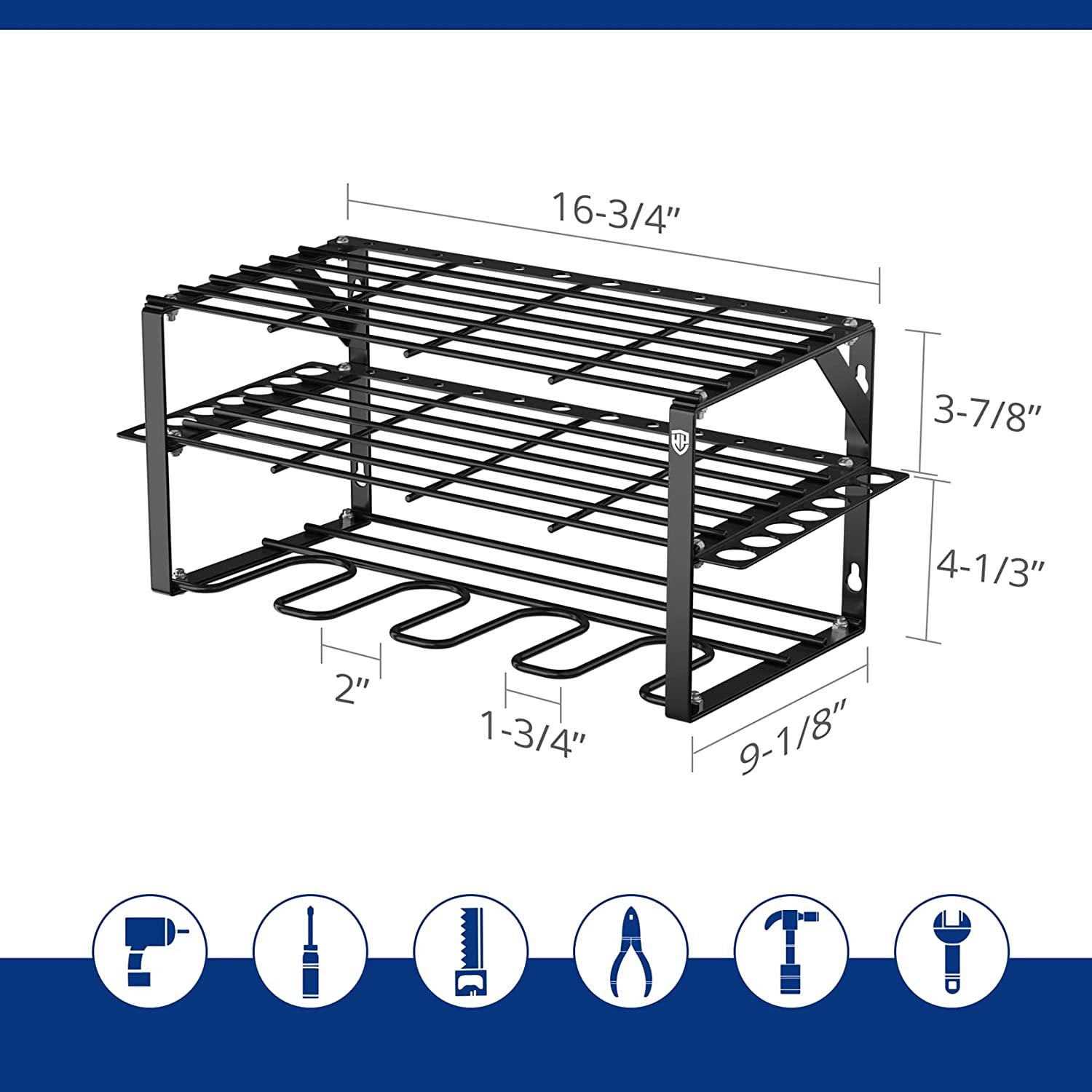 Black wall-mounted 3-tier rack with labeled dimensions and hook rows