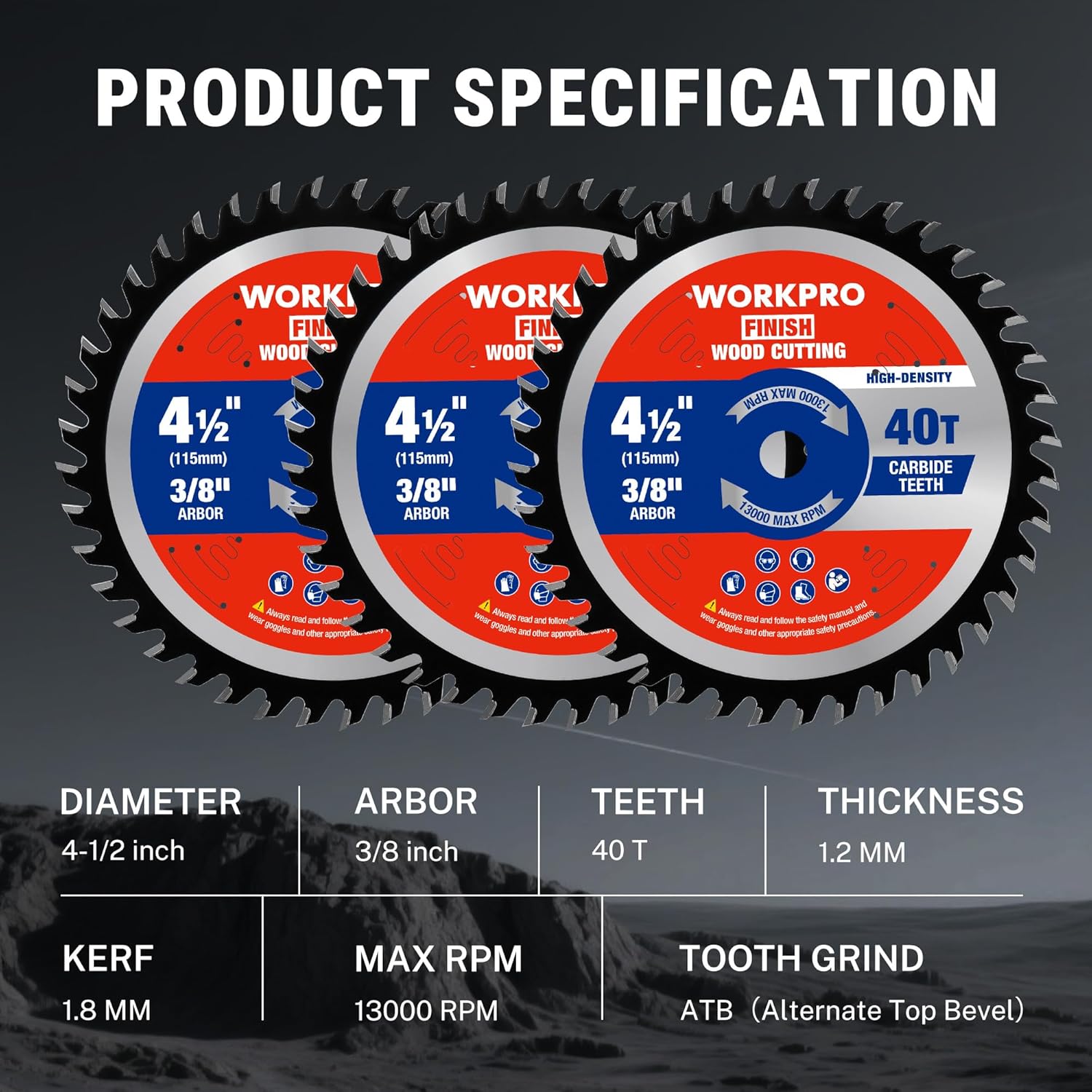 WORKPRO 4-1/2 in 40T carbide circular saw blades set with size specs and kerf shown.