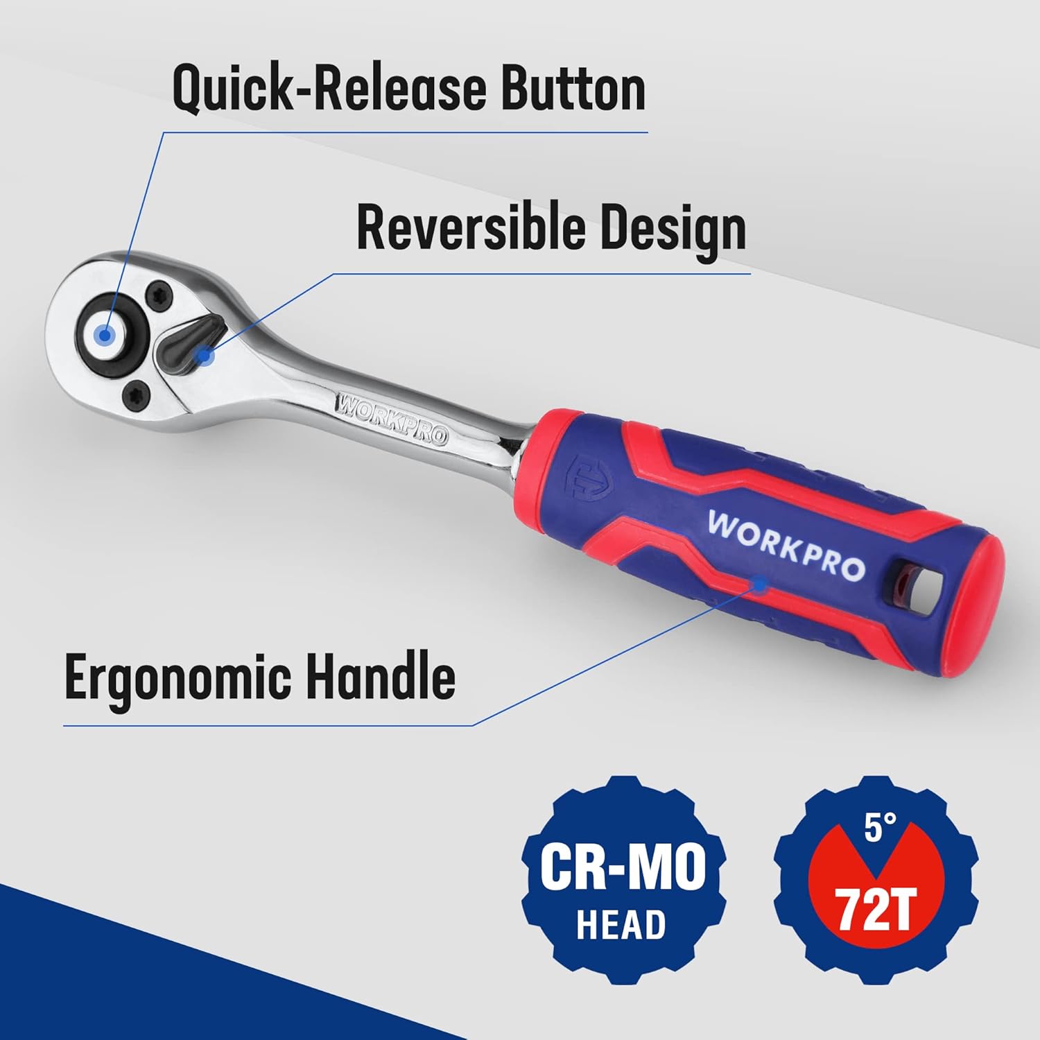 Ratchet wrench with quick-release button, reversible design; CR-MO head and ergonomic grip.