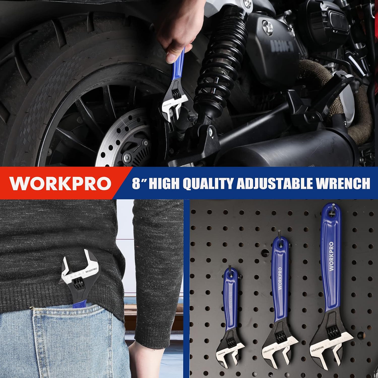 Set of adjustable wrenches with blue handles displayed on a pegboard