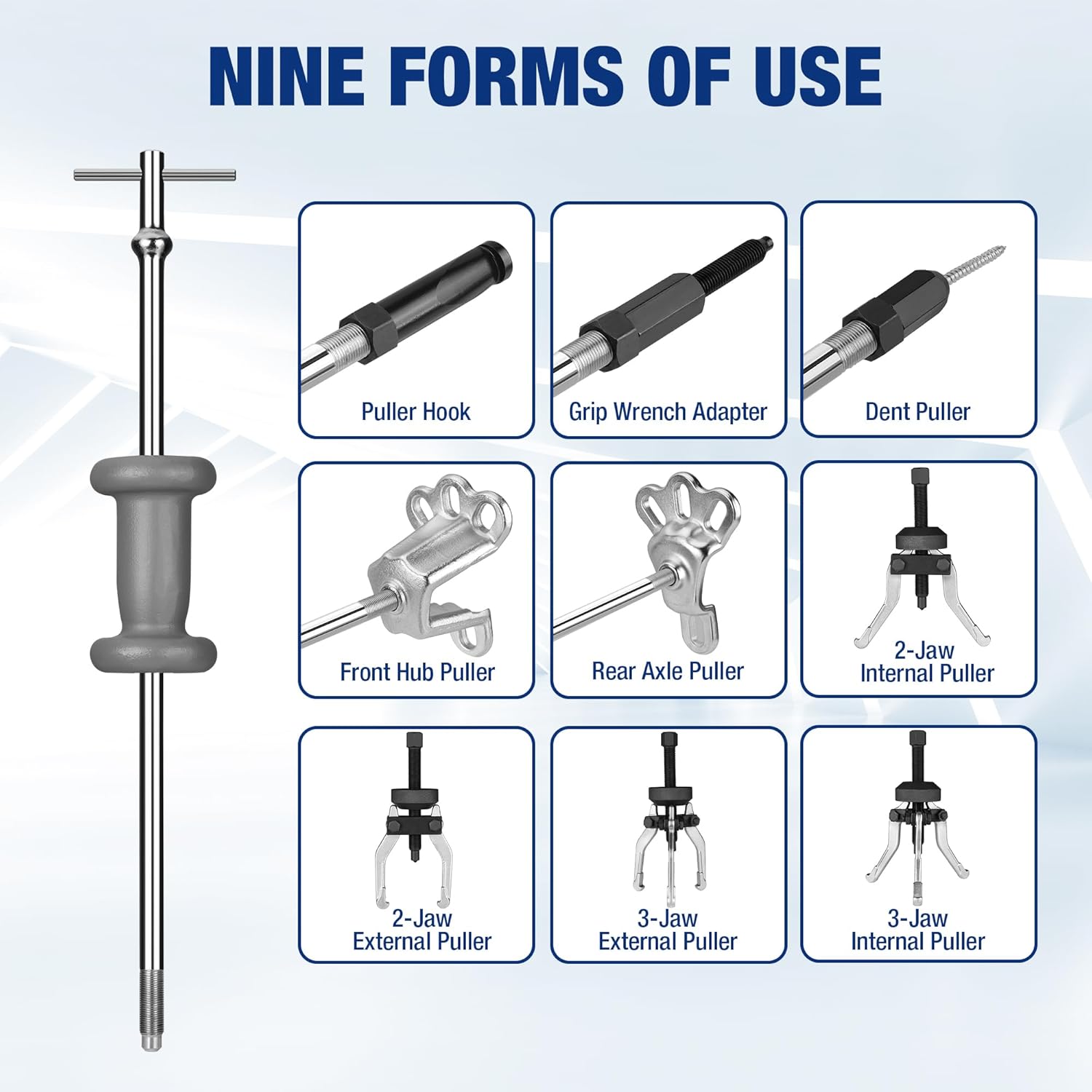 Slide hammer kit showing nine puller configurations, including hub and internal pullers