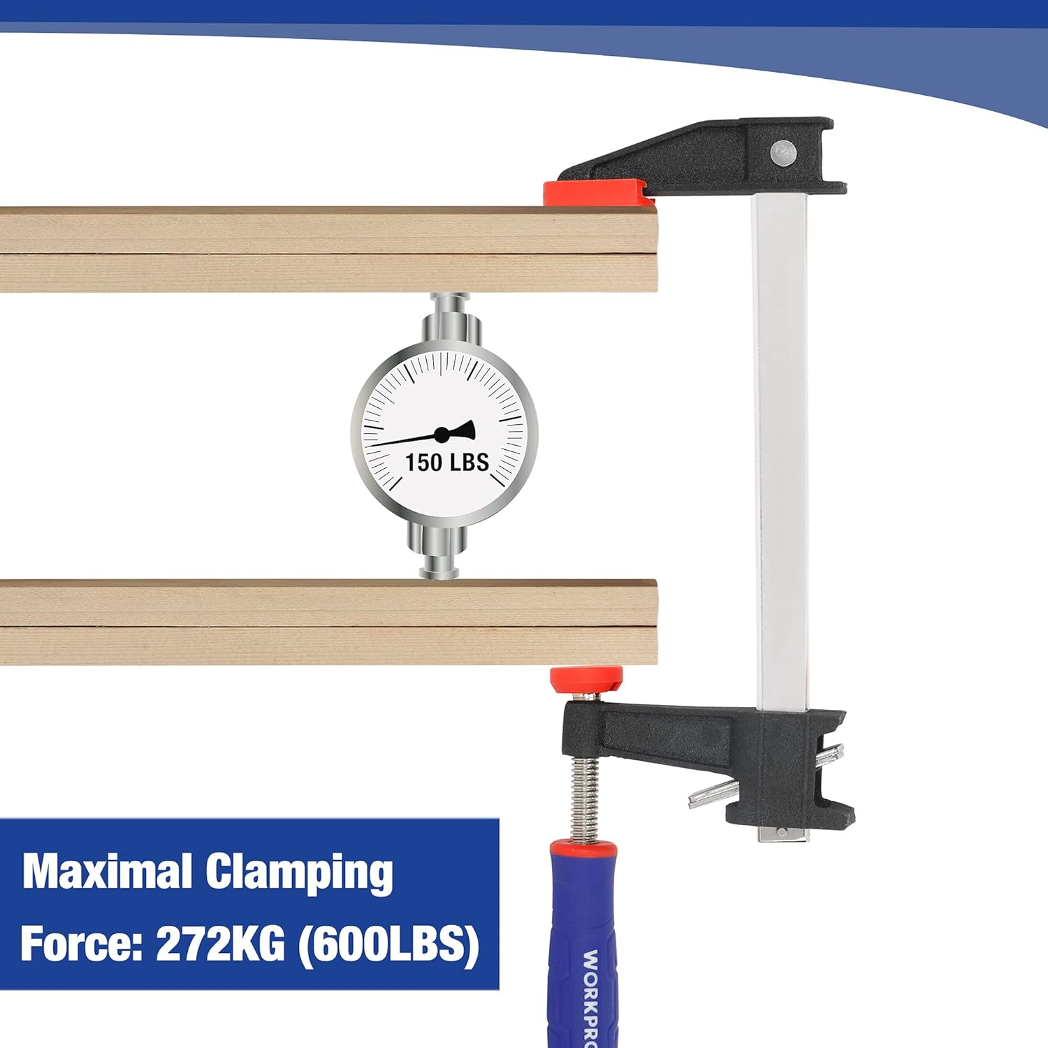 Bar clamp securing wood with 150 lbs gauge, black steel frame, blue handle