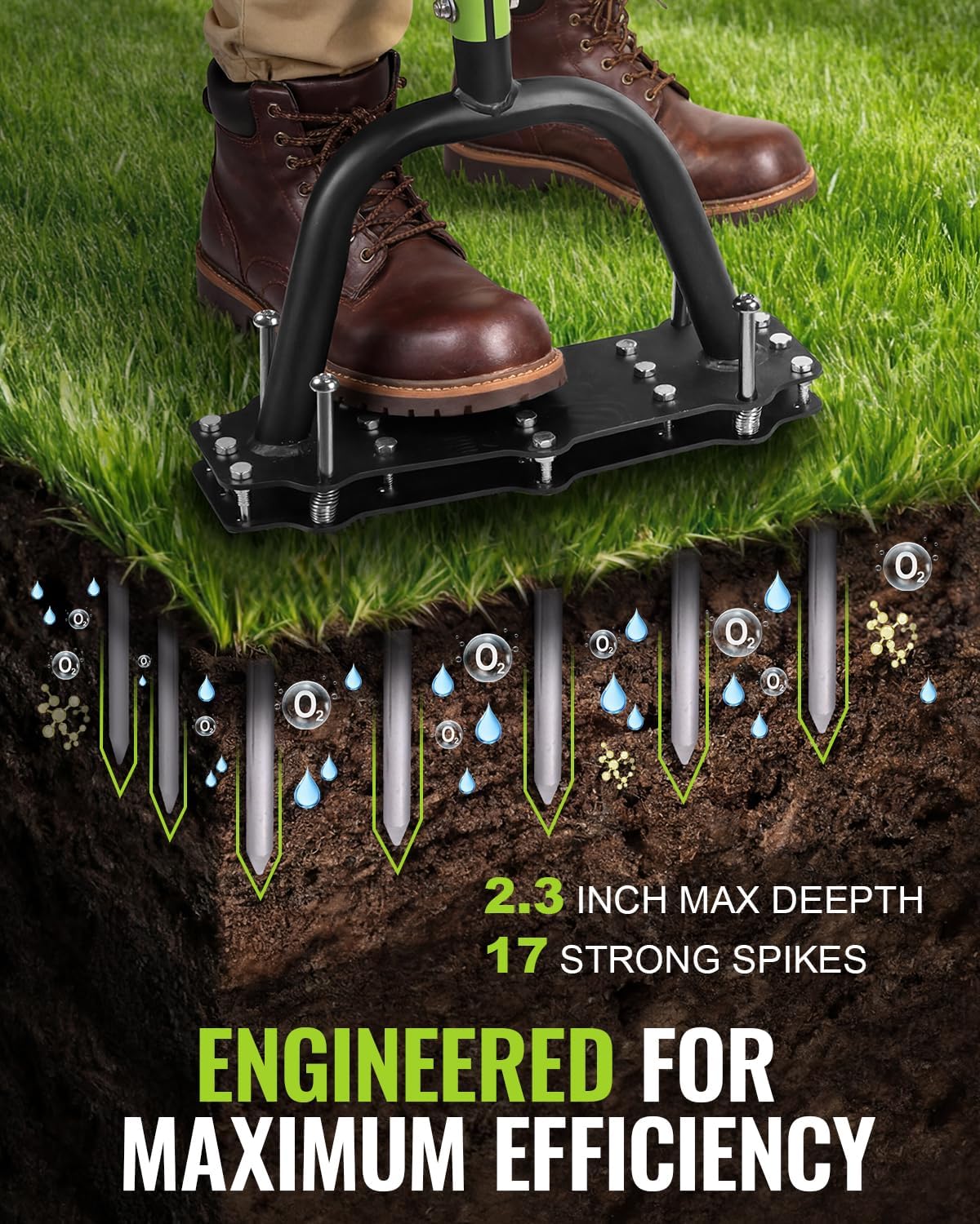 Manual lawn aerator base with green spikes loosening soil under black T-handle frame