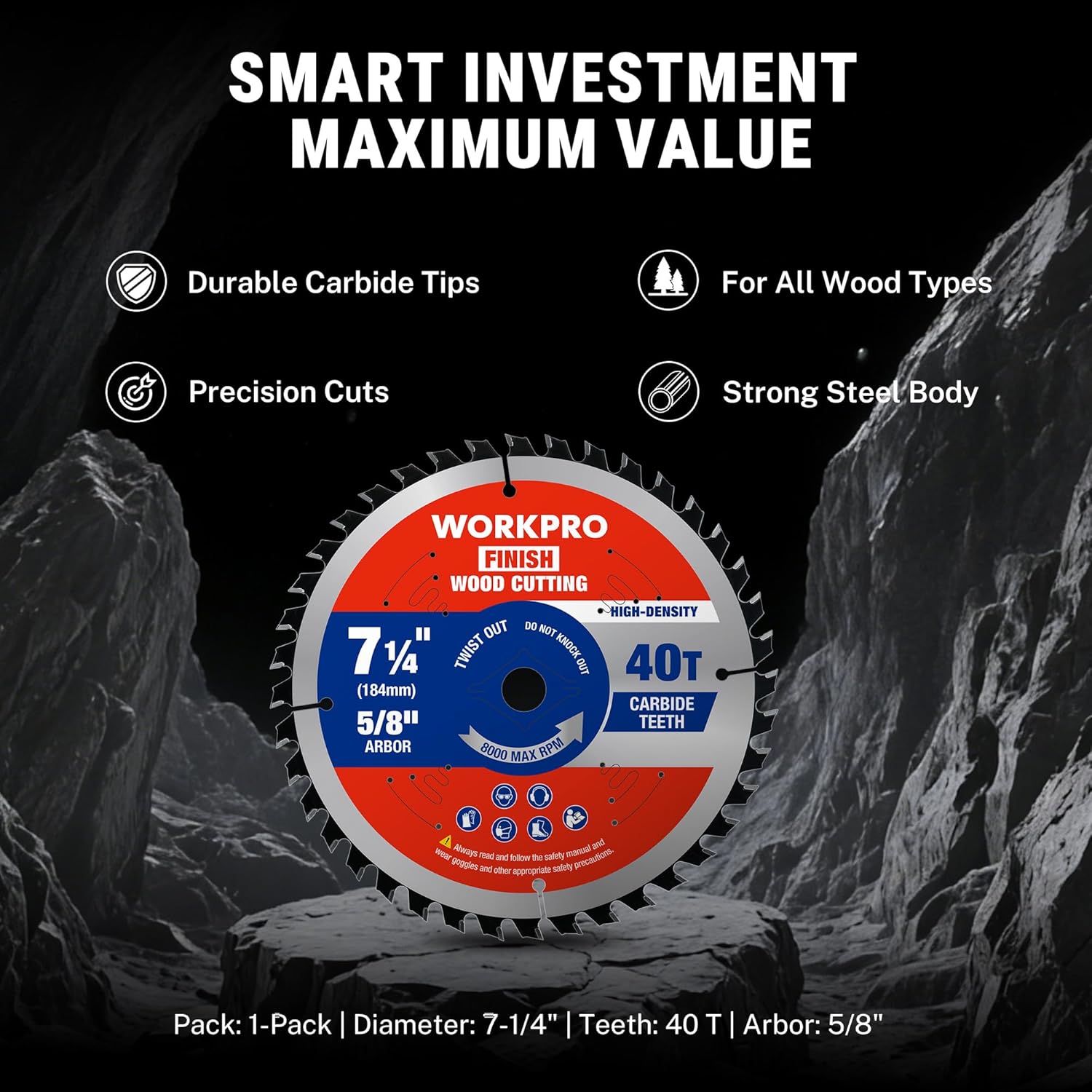 WORKPRO Finish wood cutting blade 7-1/4in, 40T carbide teeth, 5/8in arbor