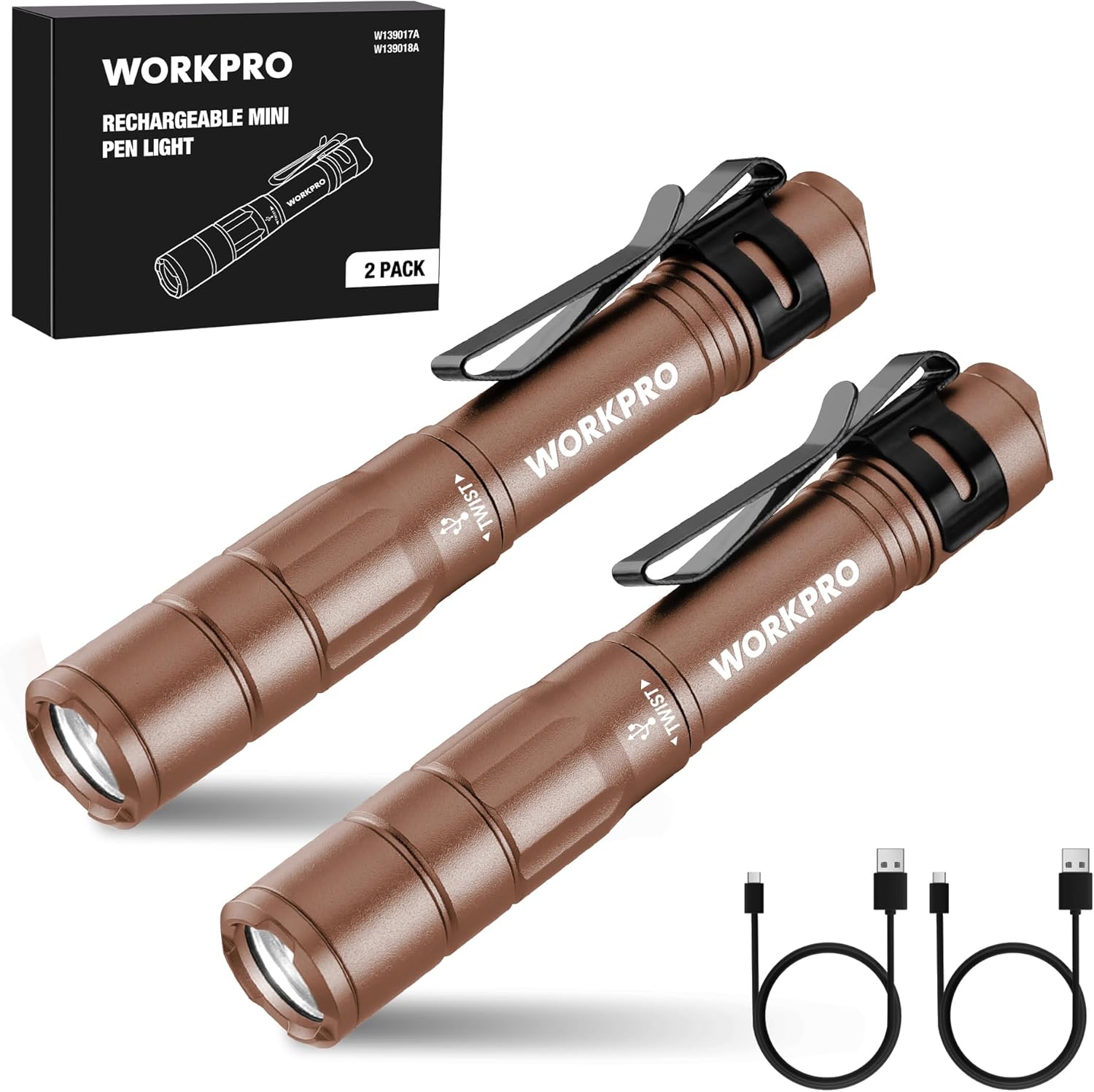 Two brown rechargeable pen lights with pocket clips and USB-C charging cables