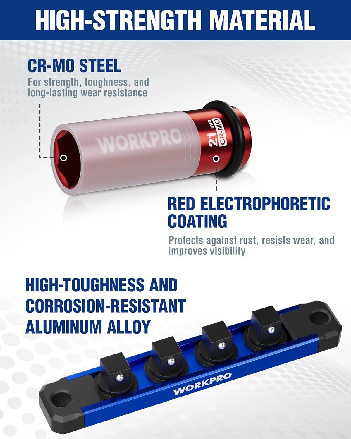 Cr-Mo steel impact lug nut sockets with protective coating, shown on blue holder