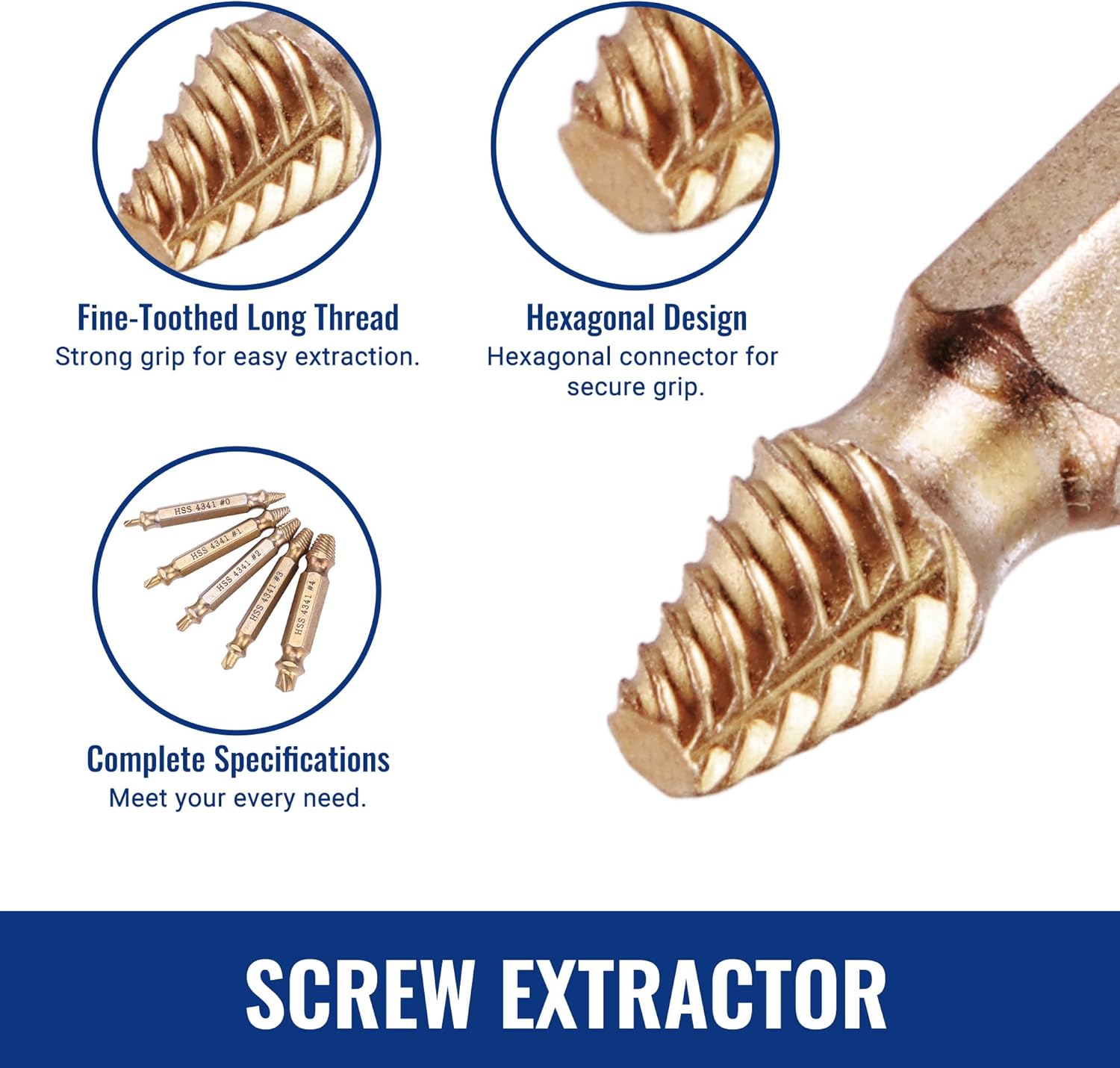 Gold screw extractor drill bit with fine-tooth threads and hex connector for secure grip
