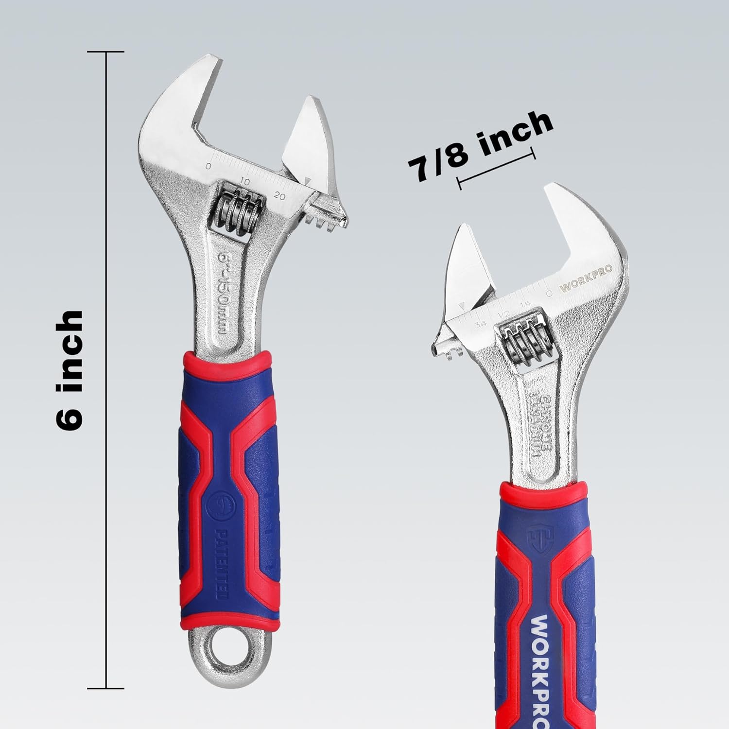 WORKPRO 6-inch adjustable wrench with wide jaw and red/blue anti-slip grip