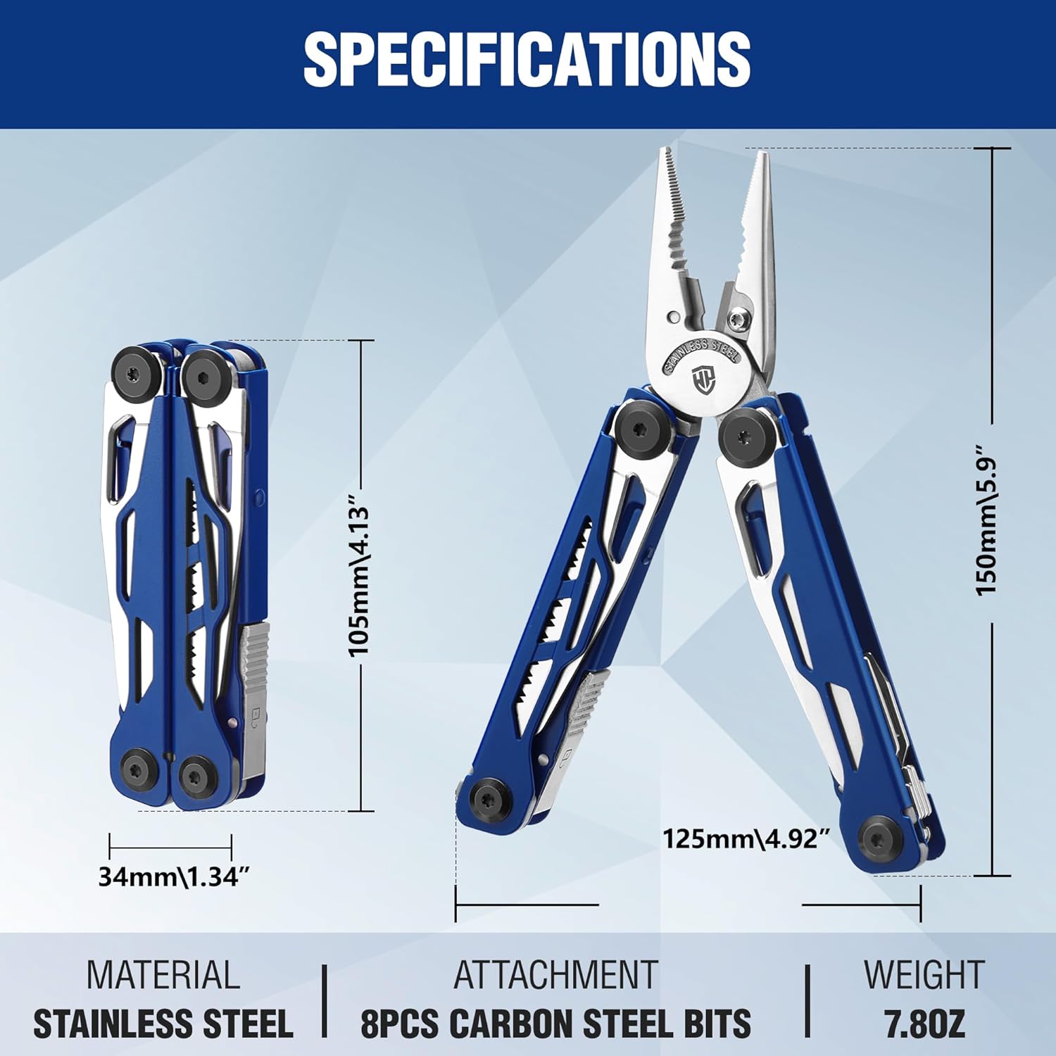 Blue stainless steel multitool with pliers and pocket knife, 24-in-1 set with sheath